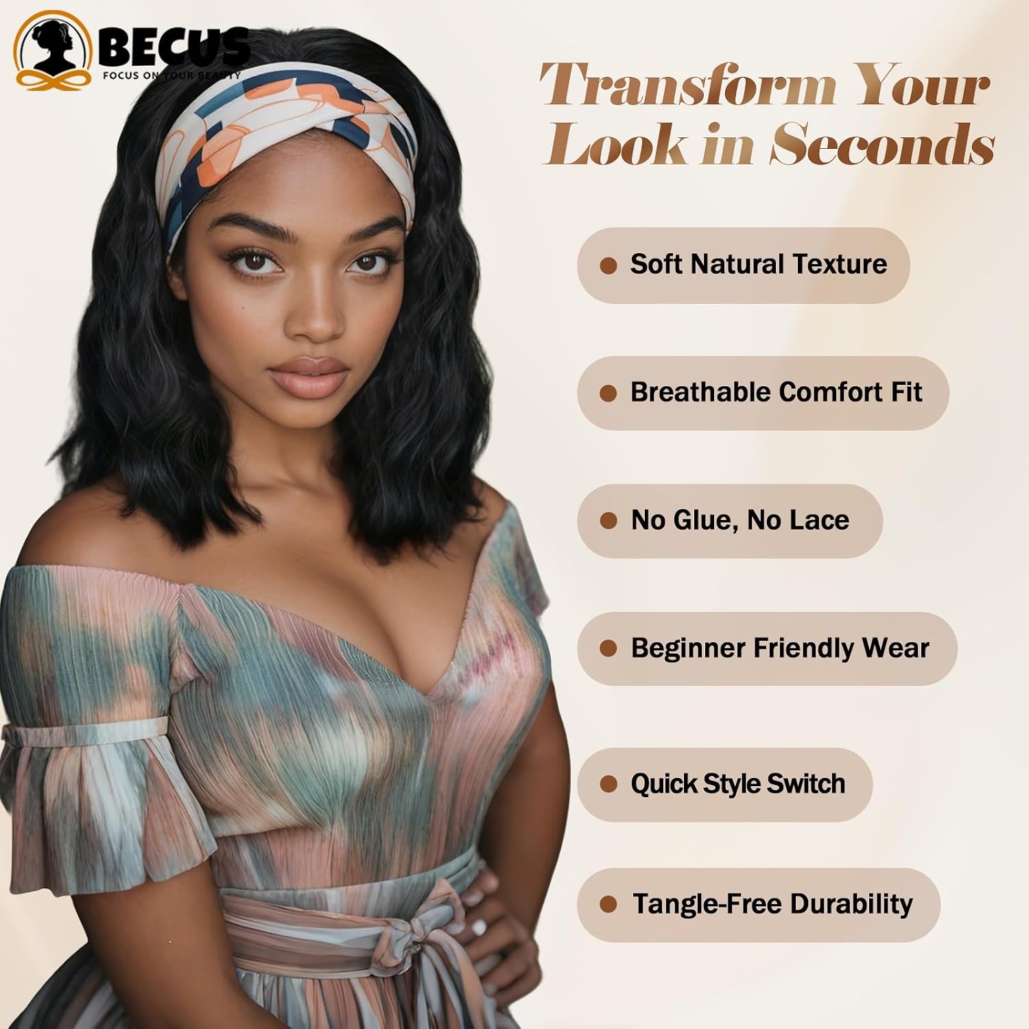 BECUS Headband Wig for Black Women Wigs, Shoulder-Length, Body Wave Half Wig, Synthetic Hair Wigs Daily & Party Use(14"-Black)