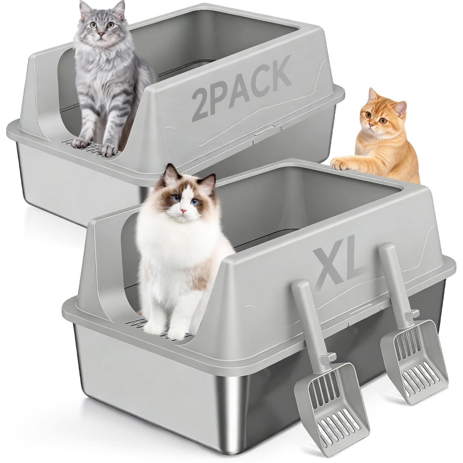 2 Pack XL Stainless Steel Litter Box with High Sides Shield for Multi Cat, Extra Large Tall Wall Open Top Deep Metal Pan for Big Cats, Anti-Leak Non-Stick Odor Control, 2 Scoops Included, Gray