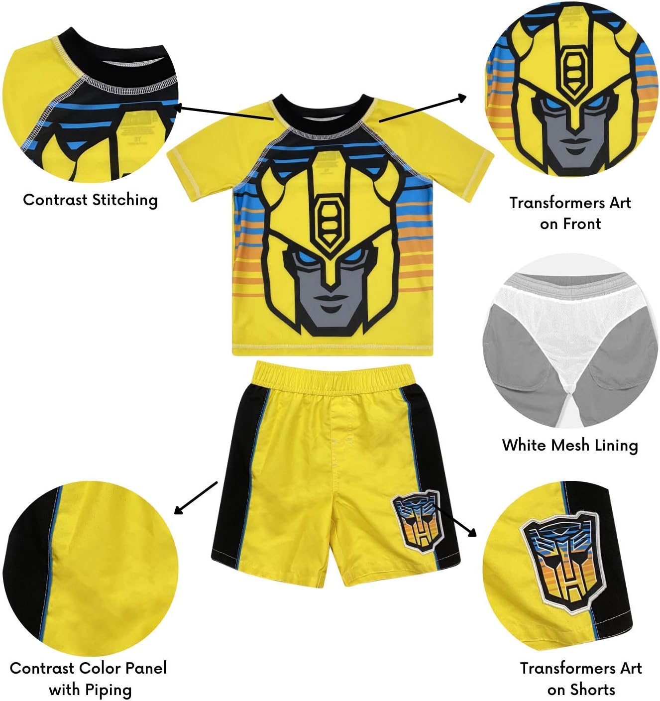 Dreamwave Transformers Bumblebee Raglan Costume Swim Rash Guard Swim Trunks Set Yellow