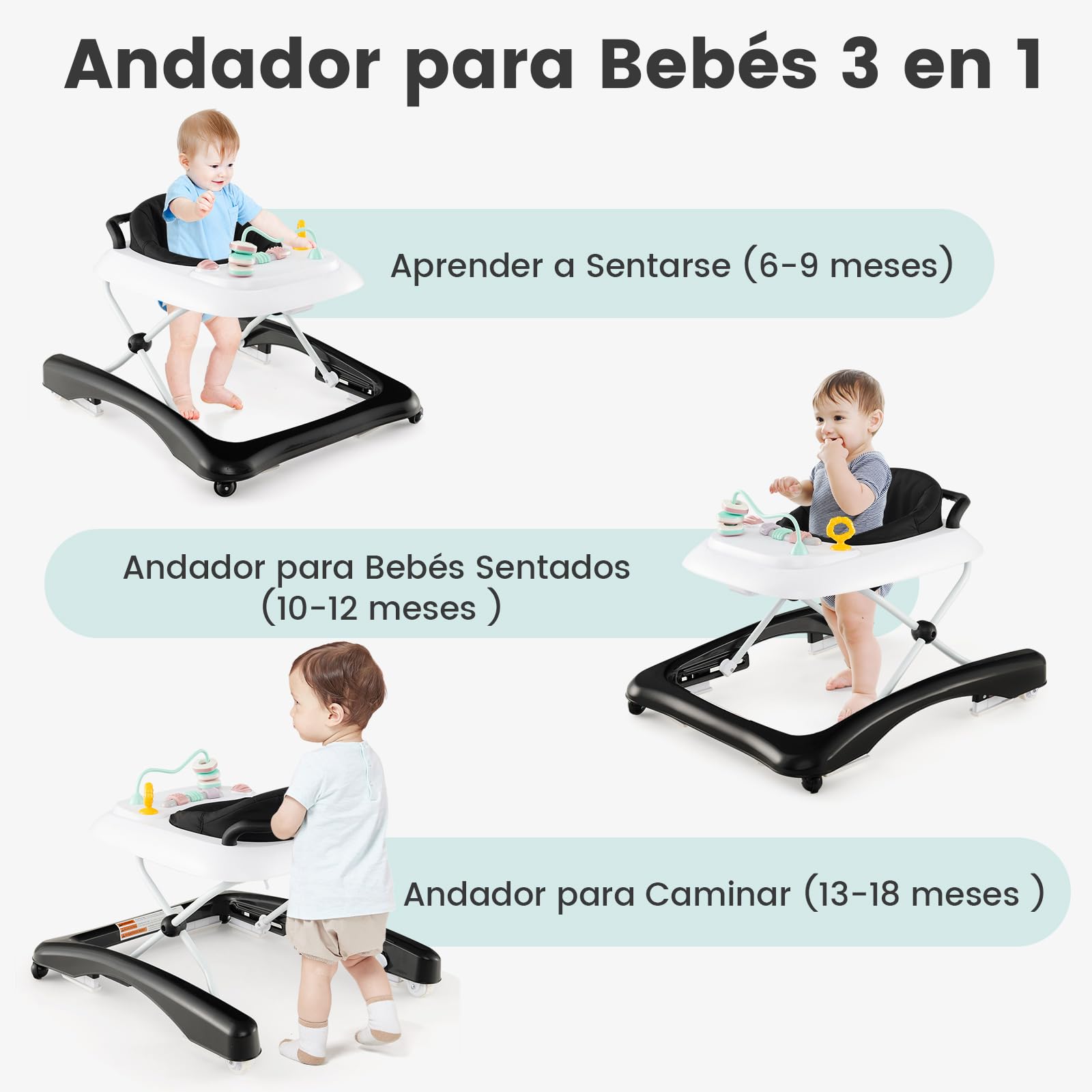 COSTWAY Andador Bebes 3 en 1, Andador Plegable para Bebé con 3 Alturas Ajustables, Asiento Acolchado Cómodo y Plato de Juguetes Extraíble, Tacata Bebe con Ruedas para Niños de 6+ Meses (Negro)