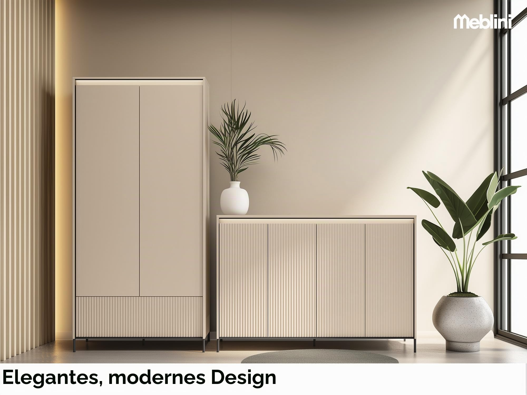 MEBLINI Garderobe Flur Möbel Set mit LED - Garderobenschrank Flur mitl Kommode - Garderobe Schrank - Flurgarderobe - Flurschrank hoch - Trend - Beige/Schwarz