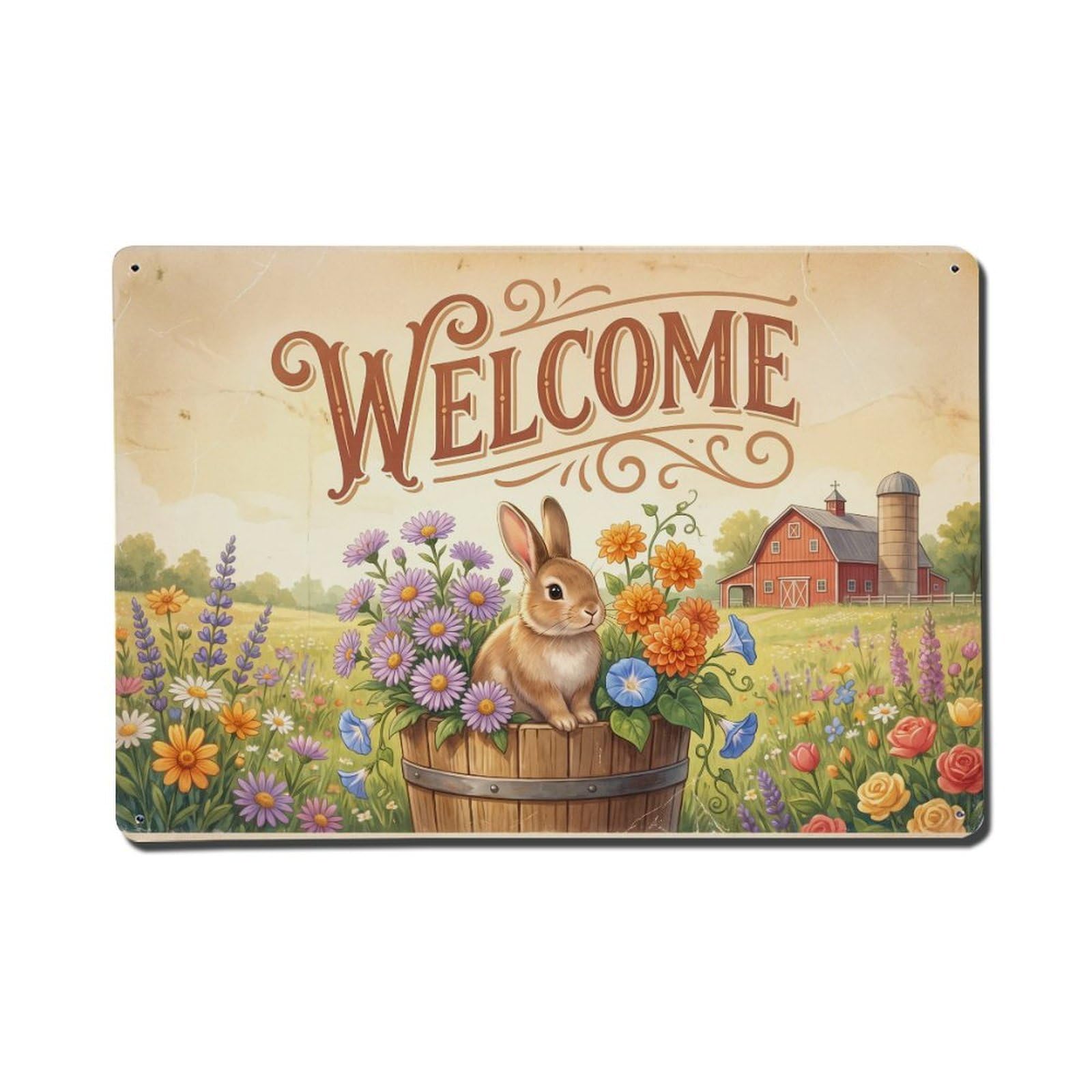 Vintage Welcome Bunny Rustic Charm Metal Tin Sign