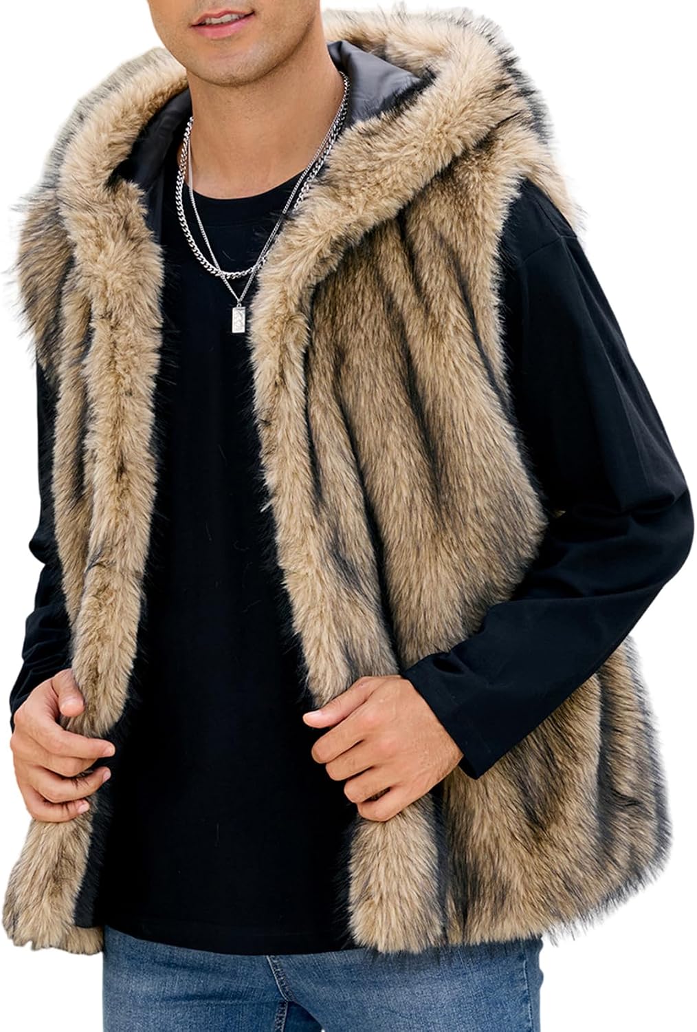 Gihuo Mens Faux Fur Vest Hooed Fur Gilet Sleevless Jacket Winter Warm Hooded Outerwear