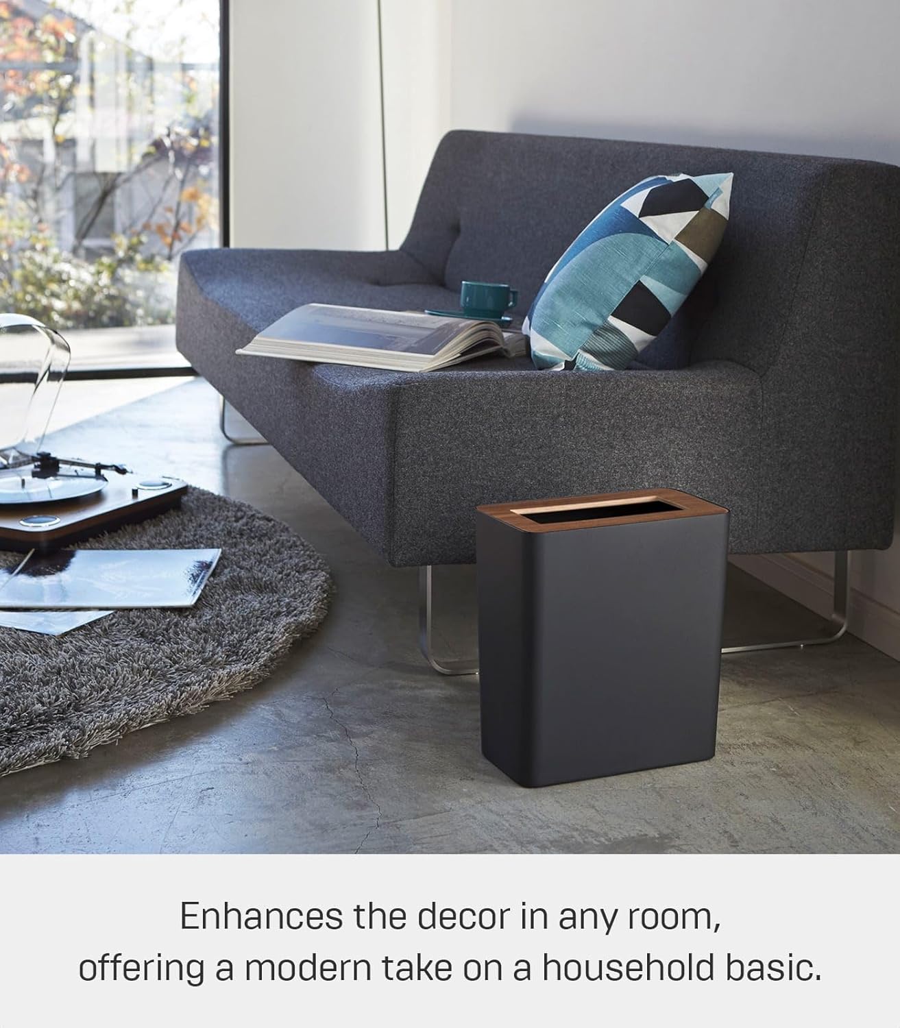 YAMAZAKI Home Rin Trash Can - Small Modern Home Wastebasket for Bathroom Kitchen Office - Steel + Wood