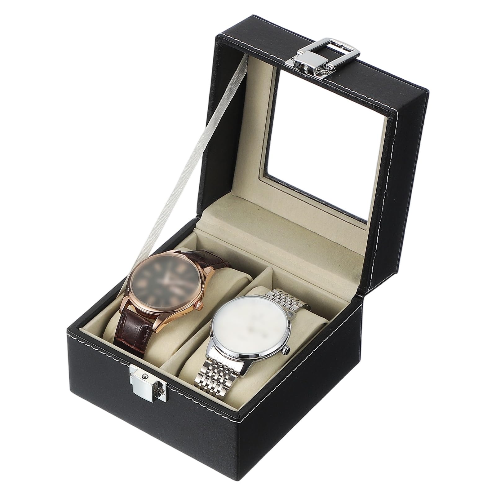 HVMBEUGOS sourcing map 2 Slot Watch Storage Box, Watch Box for Men with Glass Cover, Wooden Watch Box with Removable Watch Pillow, Black/Beige