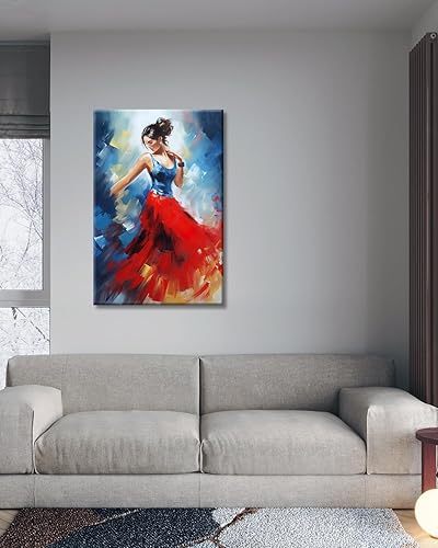 Miniatura 4 de GLOKAKA Arte abstracto de la pared de niña bailarina contemporánea con falda roja con parte superior azul y falda roja, obra de arte para decoración