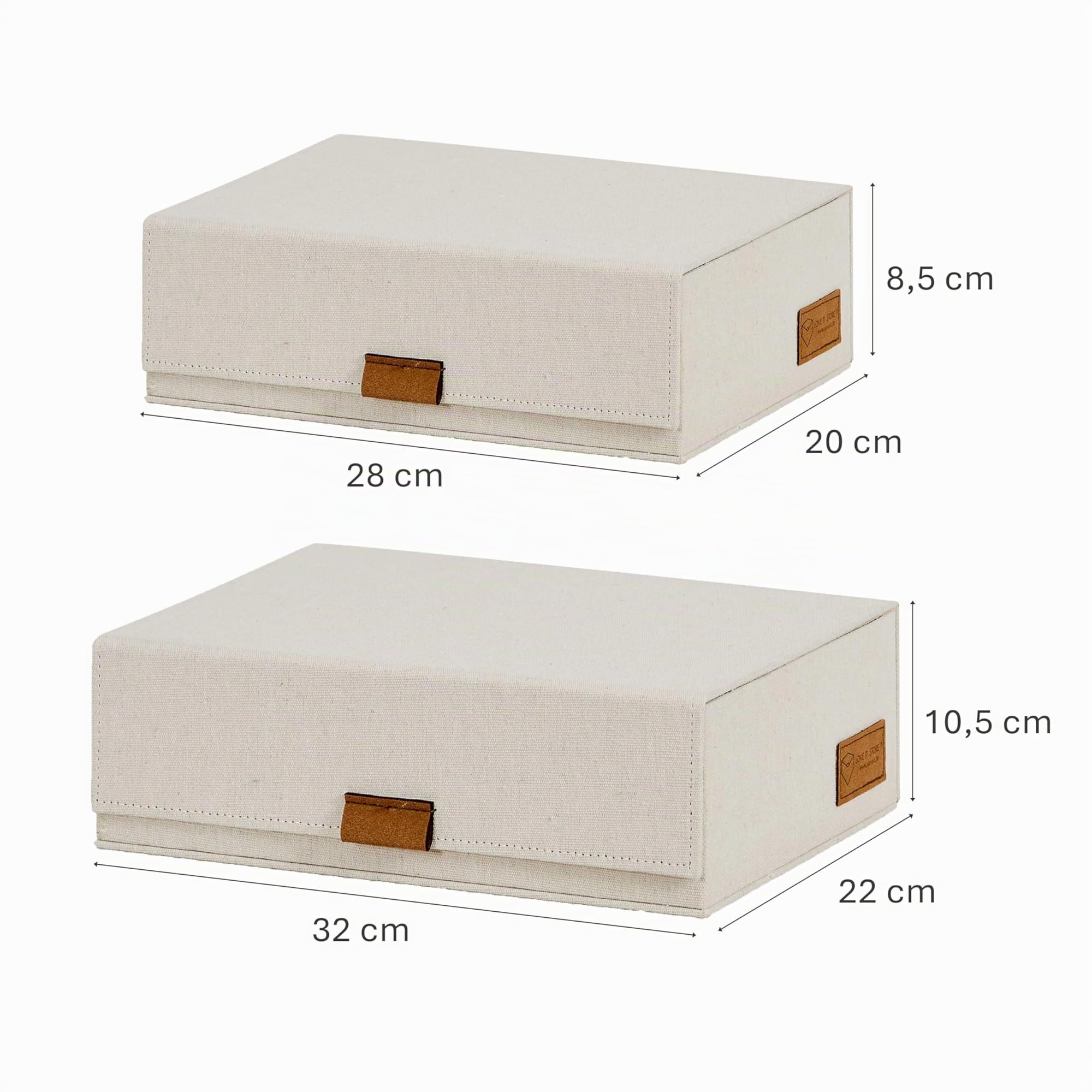 LOVE IT STORE - Premium - Set di 2 scatole in tessuto di lino, chiusura magnetica, impilabili, per documenti, ufficio e accessori, 28x20x8,5 cm & 32x22x10,5 cm