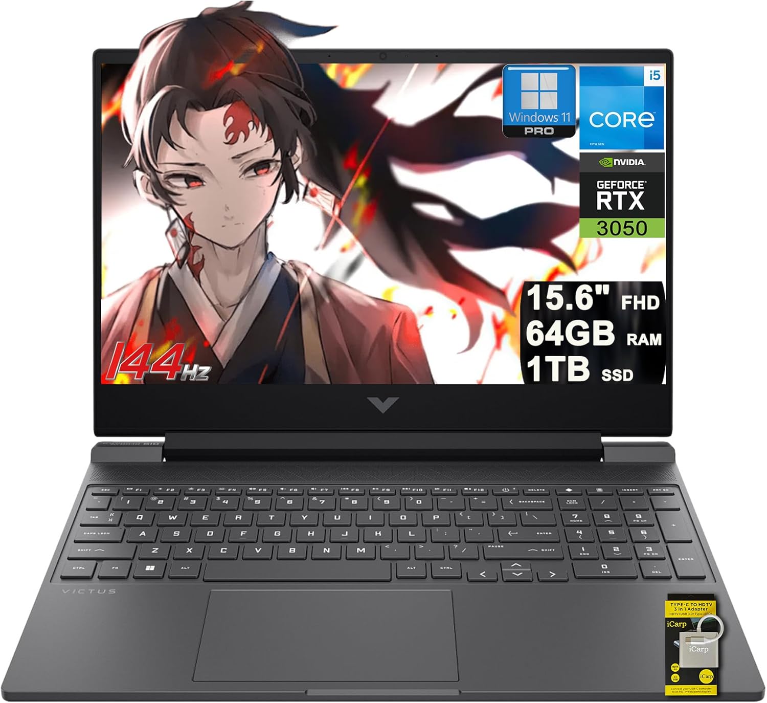 HP Victus 15 Gaming Laptop 15.6" FHD IPS 144Hz Intel 8-core i5-13420H (>i7-12650H) 64GB DDR4 1TB SSD GeForce RTX 3050 Backlit USB-C DTS:X Ultra Wi-Fi6 Win11Pro ICP Hub