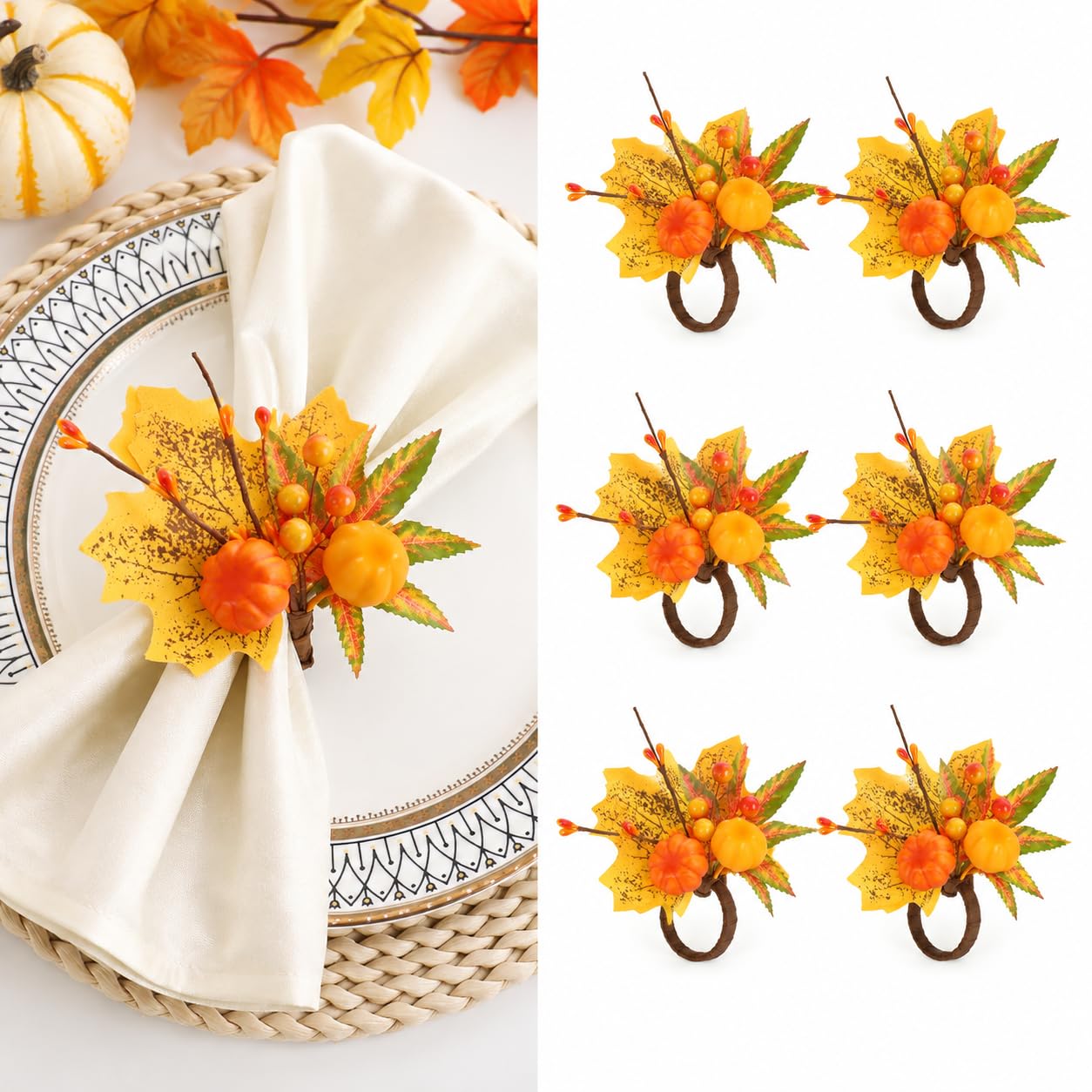 Fnaobai Fall Napkin Rings 6Pcs Pumpkin Thanksgiving Napkin Holder Table Dec