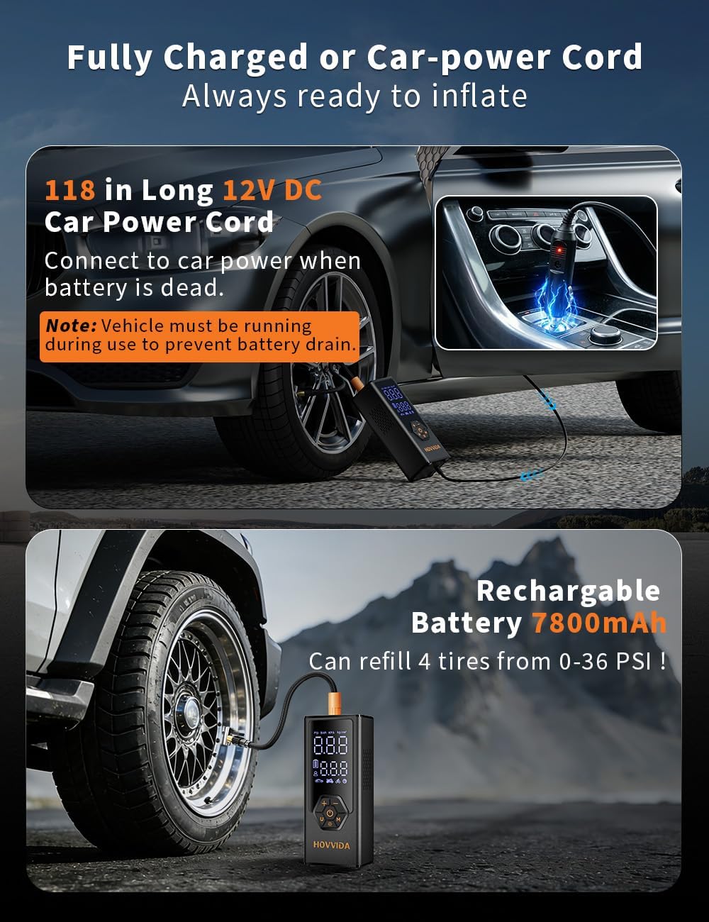 Tire Inflator Portable Air Compressor, Air Pump for Car Tires, 7800 mAh Battery, 12V DC, 150 PSI, 40L/min Air Flow, Fast Inflation, Portable air pump for MPV, SUV, Car, Motorcycle, Bike, Ball