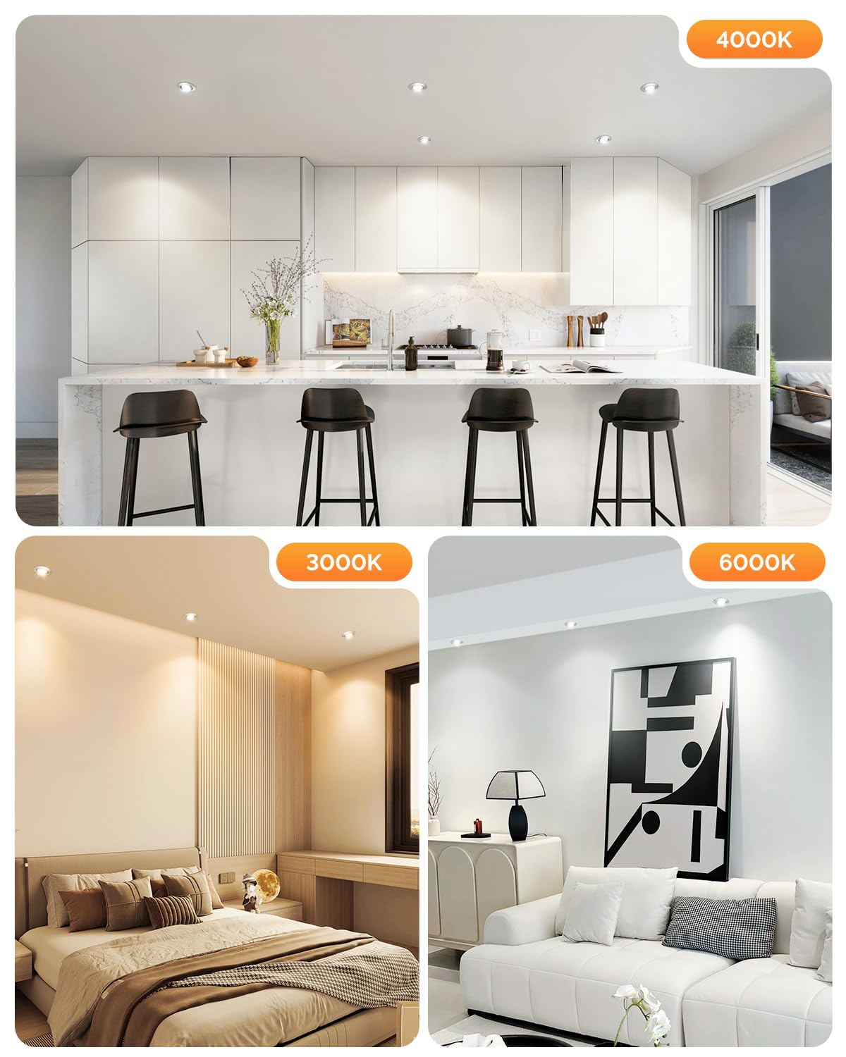 wowatt Faretti LED da Incasso per Cartongesso Dimmerabili 6W 640LM 3CCT | Regolabile Calda 3000K Naturale 4000K Fredda 6000K, Faretti da Soffitto Orientabili, IP44 Faretto incasso foro 68mm, Set da 6