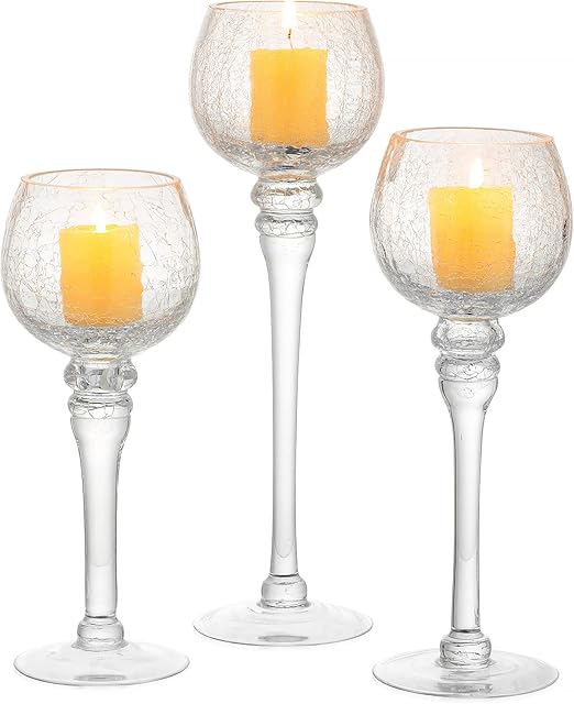 Tea Light Candle Holders Glass - 3Pcs Crackle Glass Candle Holders for Table Centerpiece Candlestick Holders Fit Pillar and Floating Candles Tealight Holders for Christmas Wedding Home Decoration