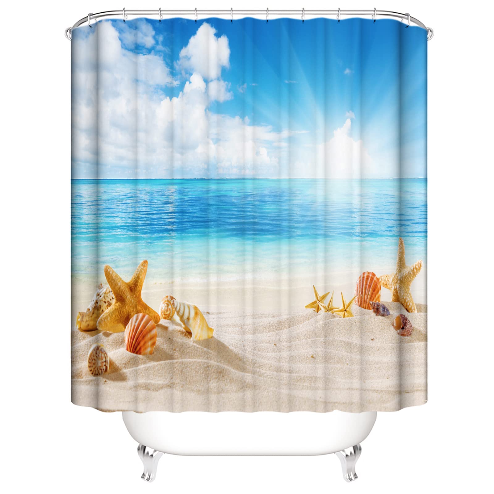 OCEUMACO 3D Ocean Beach Shower Curtain Wet Room Tropical Blue Sea Scenery Shower Curtains Bathroom Outdoor Starfish Shells Bath Curtain Mould Proof Resistant Washable 180 x 180 cm Waterproof