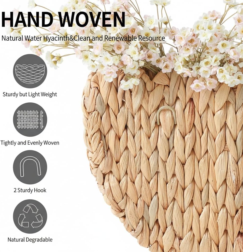 Scalloped Wall Basket,Boho Wall Decor Basket,Big Wicker Hanging Baskets for Nursery,Door,Plants,Mail,Natural Water Hyacinth