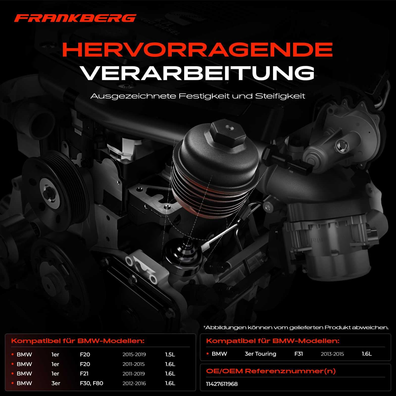 Frankberg Obudowa filtra oleju, kompatybilna z 1 szt. F20, 114i, 116i, 118i, 1,6 l, 1,5 l, 2011-2019, 1 F21, 114i, 116i, 118i, 3 F30, F80, 316i, Touring F31, 316i, zamiennik 11427 61196 cm 68 EU