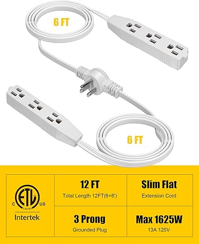 Miniatura 2 de TREEWELL Tira de alimentación de cable de extensión doble de 3 puntas, cable de extensión plano ultrafino de 12 pies con enchufe plano delgado, 6