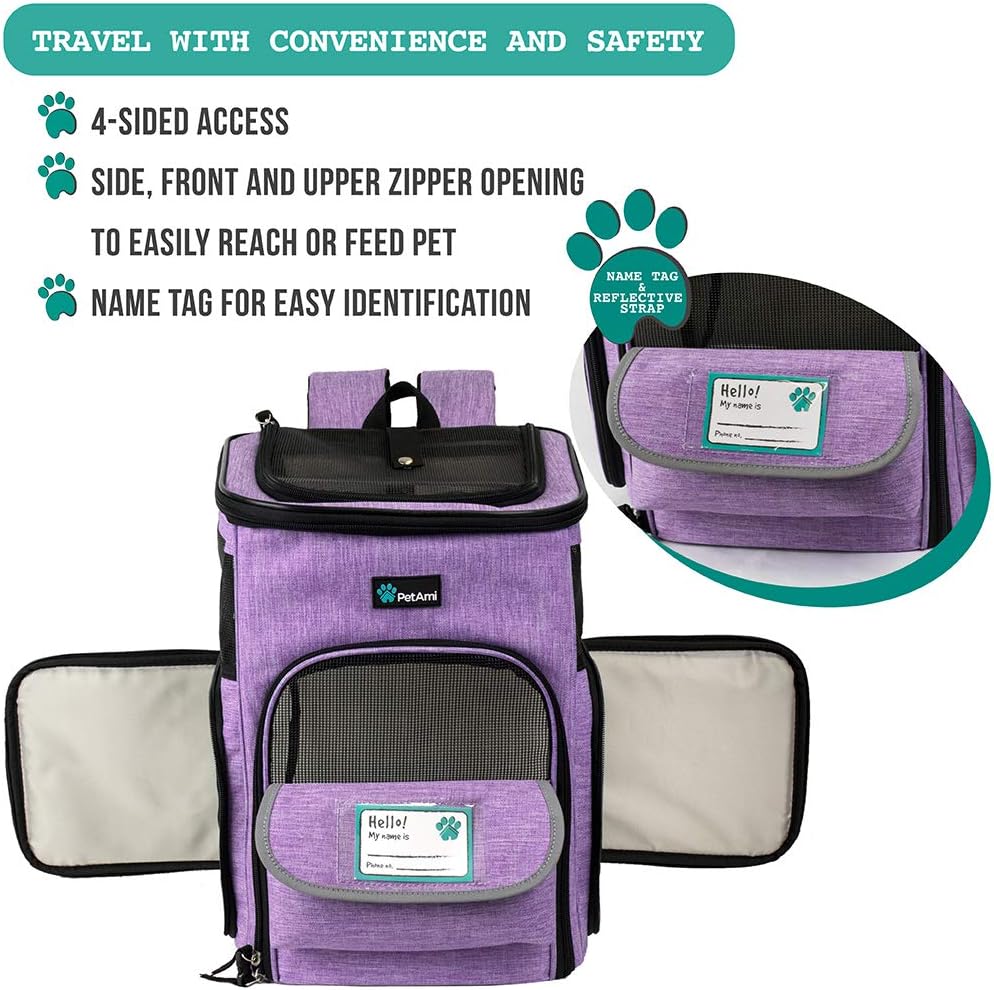 PetAmi Pet Carrier Backpack for Small Cats, Dogs, Puppies | Airline Approved | Ventilated, 4 Way Entry, Safety and Soft Cushion Back Support | Collapsible for Travel, Hiking, Outdoor (Purple) : Pet Supplies