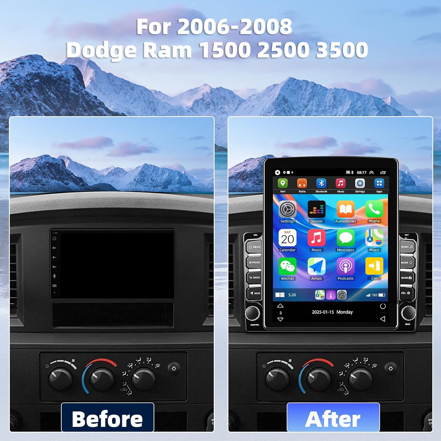Before and after installation comparison showing the original Dodge Ram dashboard with a standard radio and the new Vorally 9.7-inch Android car stereo installed.