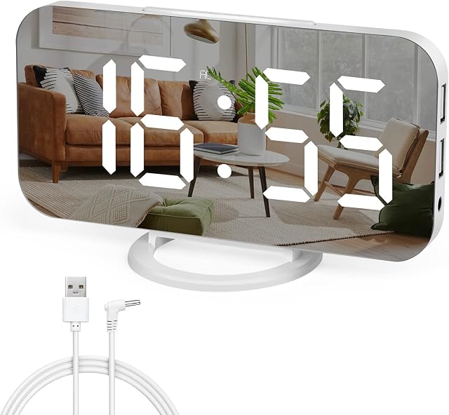 EEEKit LED Digital Alarm Clock, Large Display Mirror Alarm Clock with Adjustable Brightness, Snooze Function, USB Cable, Dual USB Ports for Bedroom OfficeWhite
