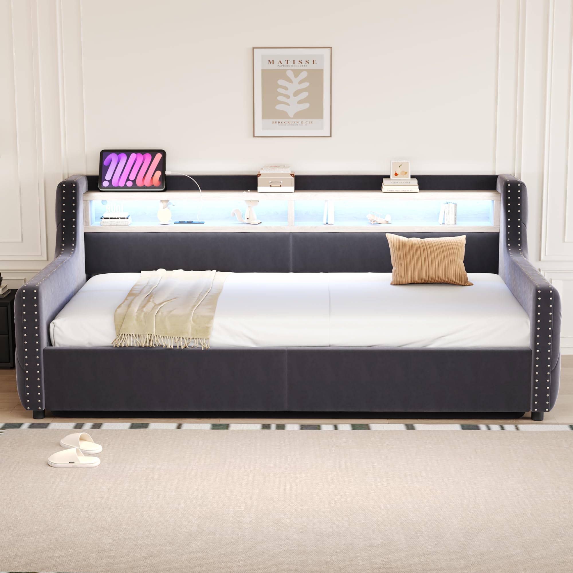 Schlafsofa Kinderbett 90x200 mit LED Streifen und USB Anschluss | Polsterbett Einzelbett mit Hydraulisch Stauraum, Stauraumbett Bett Bettgestell mit Lattenrost, Ohne Matratze, Samt,Dunkelgrau
