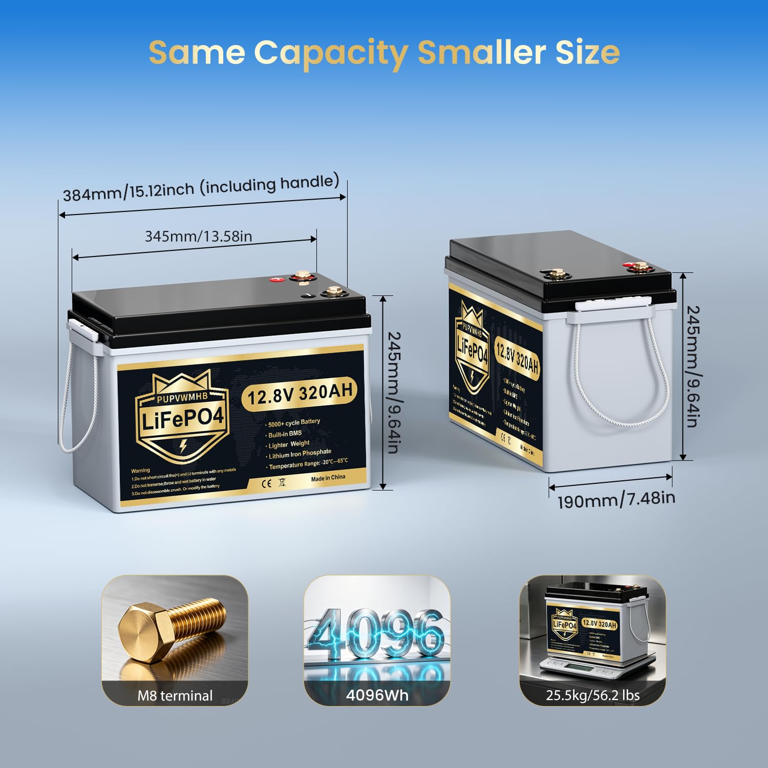Batterie LiFePO4 12 V 320 Ah avec Bluetooth, BMS 200 A, jusqu'à 15 000 cycles, max 4096 Wh, protection basse température, cycle profond, design compact, pour camping-car, solaire, moteur électrique