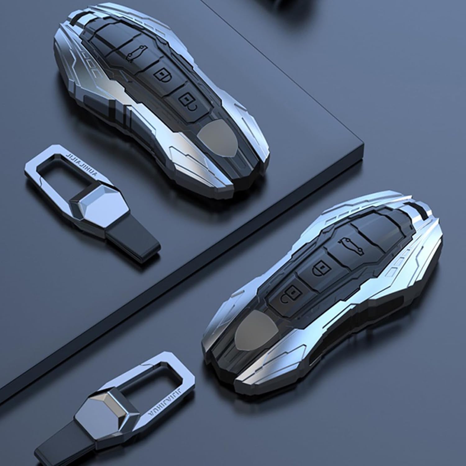 Zinc Alloy Metal Smart Key Fob Case Cover Holder Shell Compatible with Porsche Macan Cayenne Panamera 911 Boxster Cayman 718(Gray Square Buckle)
