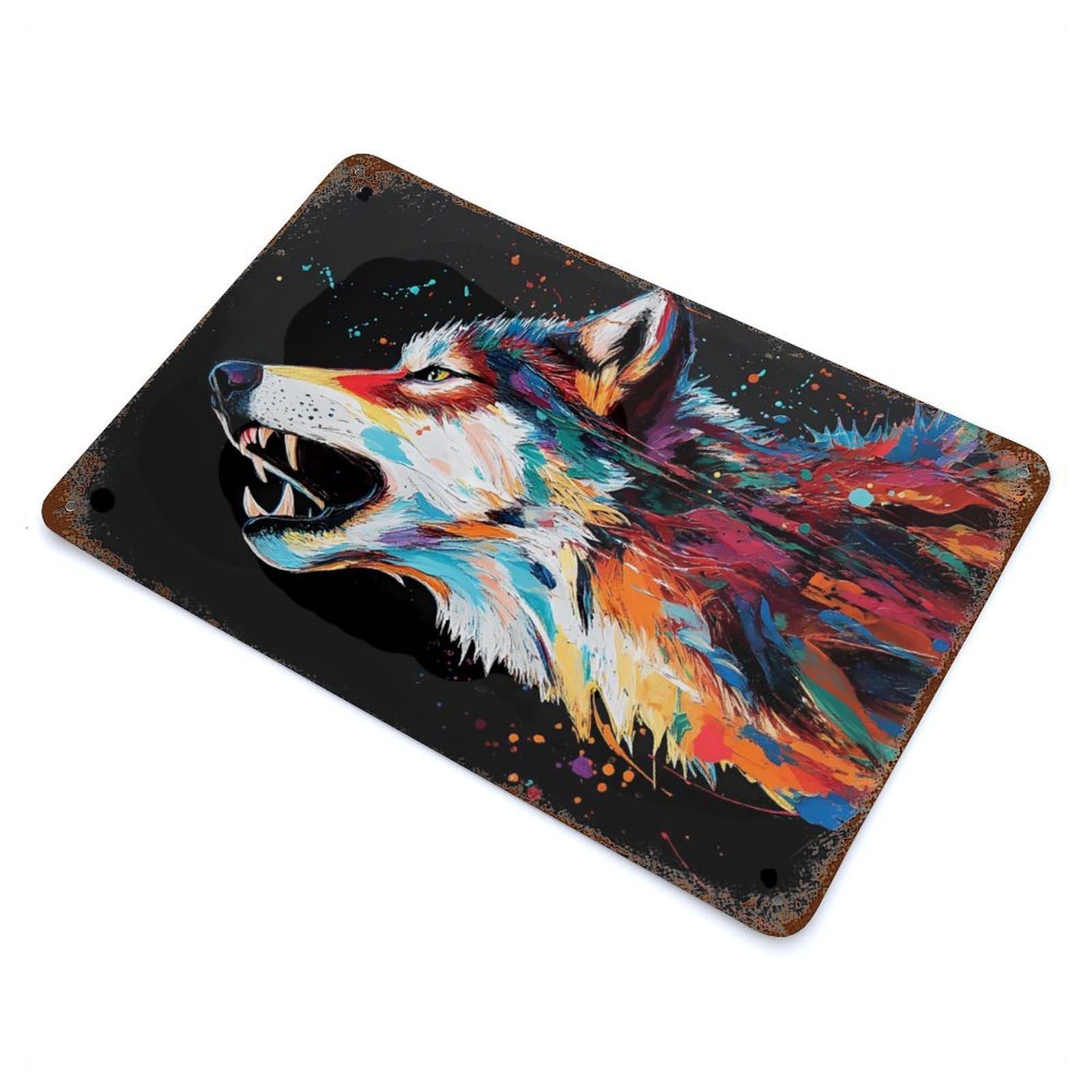 Colorful Wolf Howl Rusty Metal Tin Sign 11.8"x7.9", Ideal for Farmhouse, Kitchen And Entryway Decor