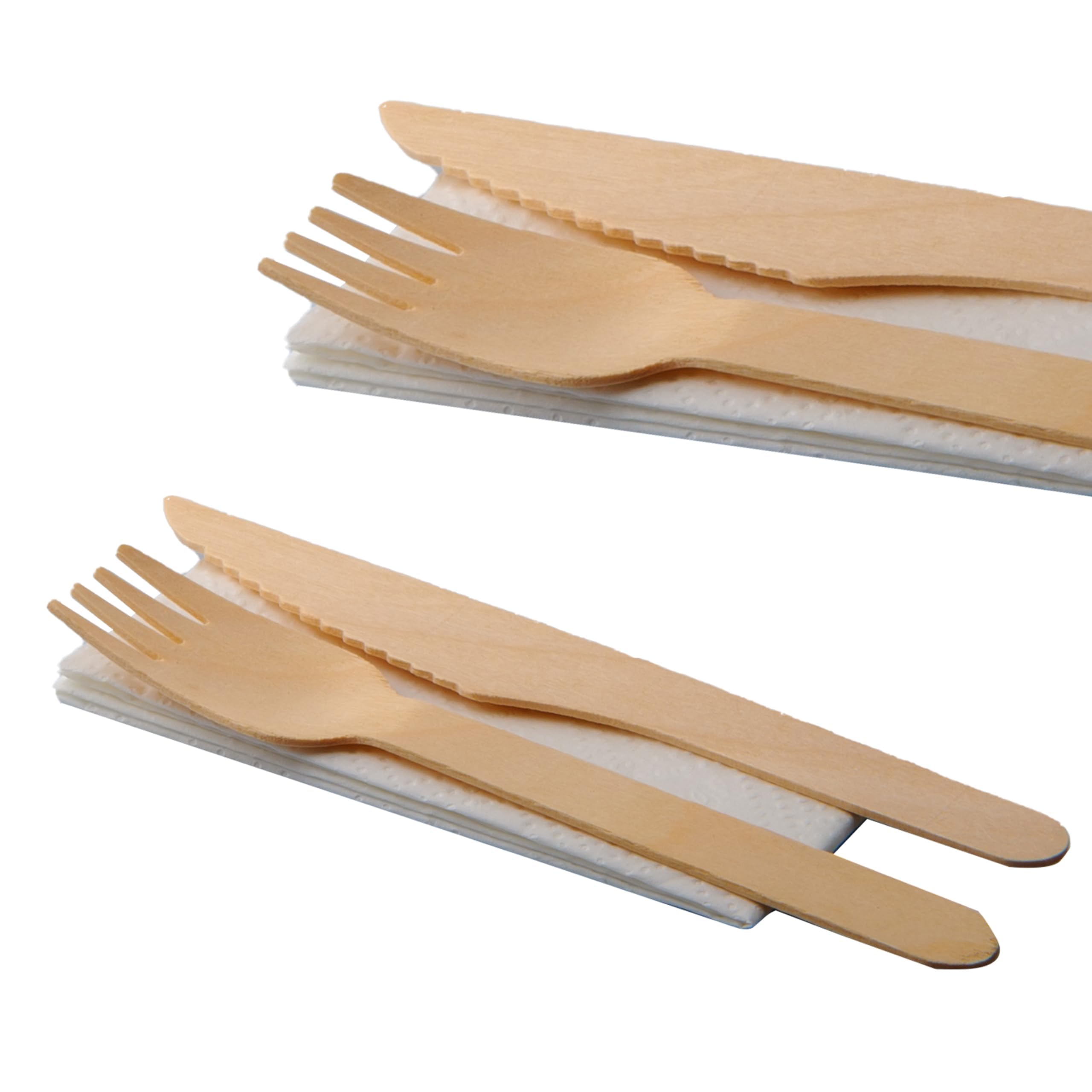 DETERMONDO 250 pezzi Set Posate Usa e Getta in Legno Imbustate Biodegradabili Compostabili con Salvietta Forchette Usa e Getta Coltelli Legno Salviette