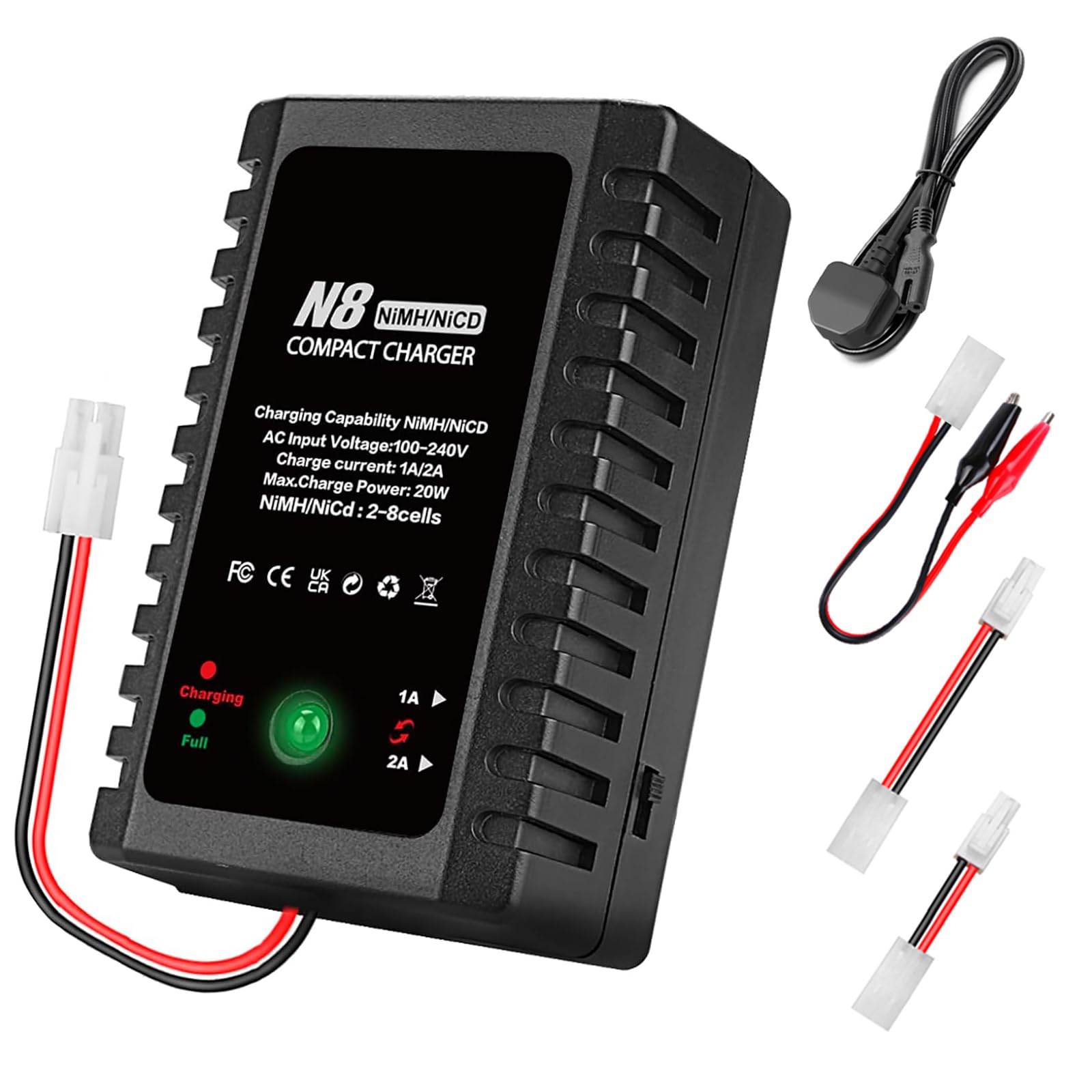 HTRC 20W NiMH/NiCd Battery Charger, Airsoft Battery Charger for 2-8S (2.4V-9.6V) RC Packs, with Tamiya, Mini-Tamiya & Crocodile Clip Cables, Compatible with RC Cars, Boats, Drones, Airsoft — image 1