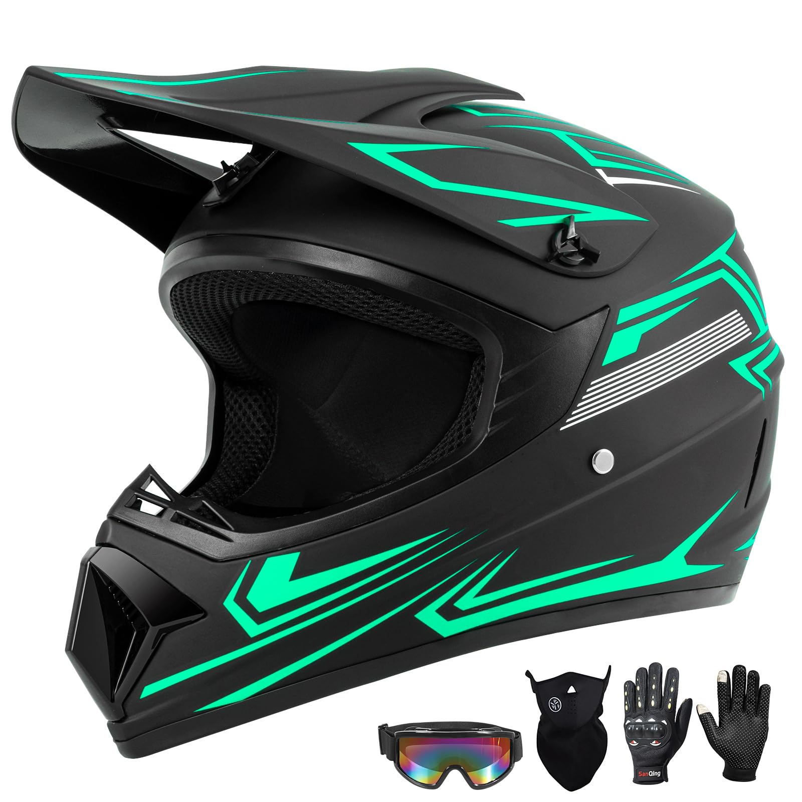 Youth Kids Dirt Bike Motocross Helmet (Goggles Gloves Face Mask) 4PCS Set, DOT Approved Boys Girls Full Face Motorcycle Helmets, ATV BMX MX Mountain Bike Off Road Kid Helmet (Green, S) GREEN Small