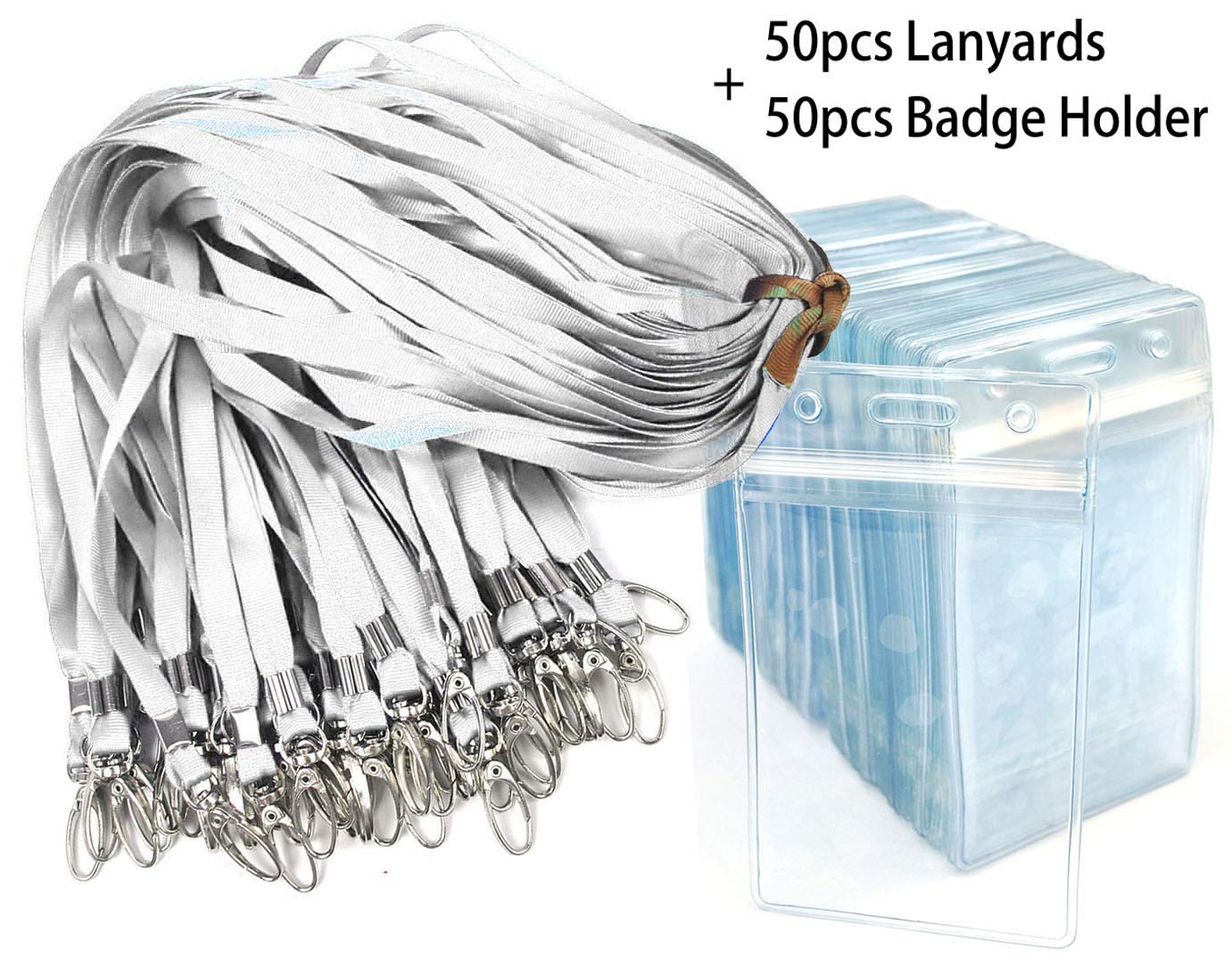 Lanyard with ID Holder 50 Pcs Waterproof Name Tag Badge ID Card Holders ID Pass Holder and 50 Pcs Flat Neck Lanyards Swivel Hook