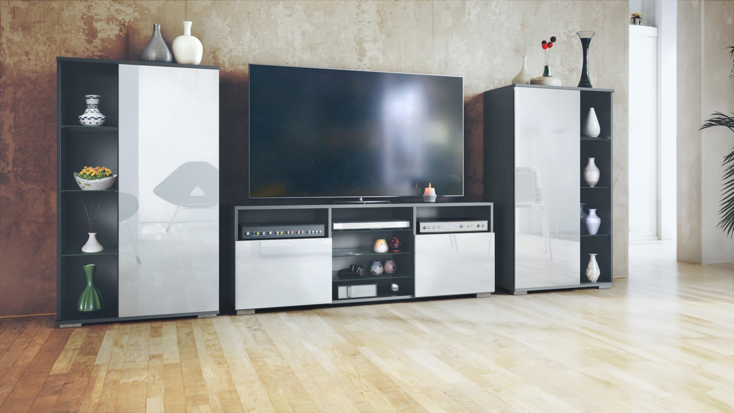 Vladon Ensemble Mural Davos pour Salon, Comprenant 2 vitrines et 1 Meuble TV, Anthracite Mat/Blanc Haute Brillance (329 x 134 x 35 cm)