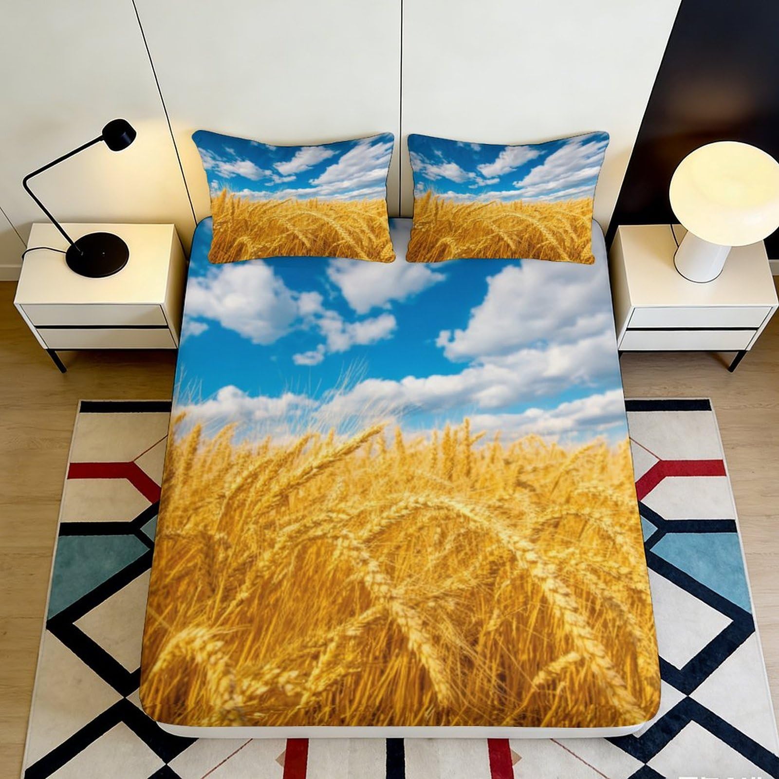 3D Printed Wheat Field Fitted Sheet Microfiber Deep Pocket Bedroom Bedding Wheat Pattern Mattress Fitted Cover Full Protection 180x200x25cm