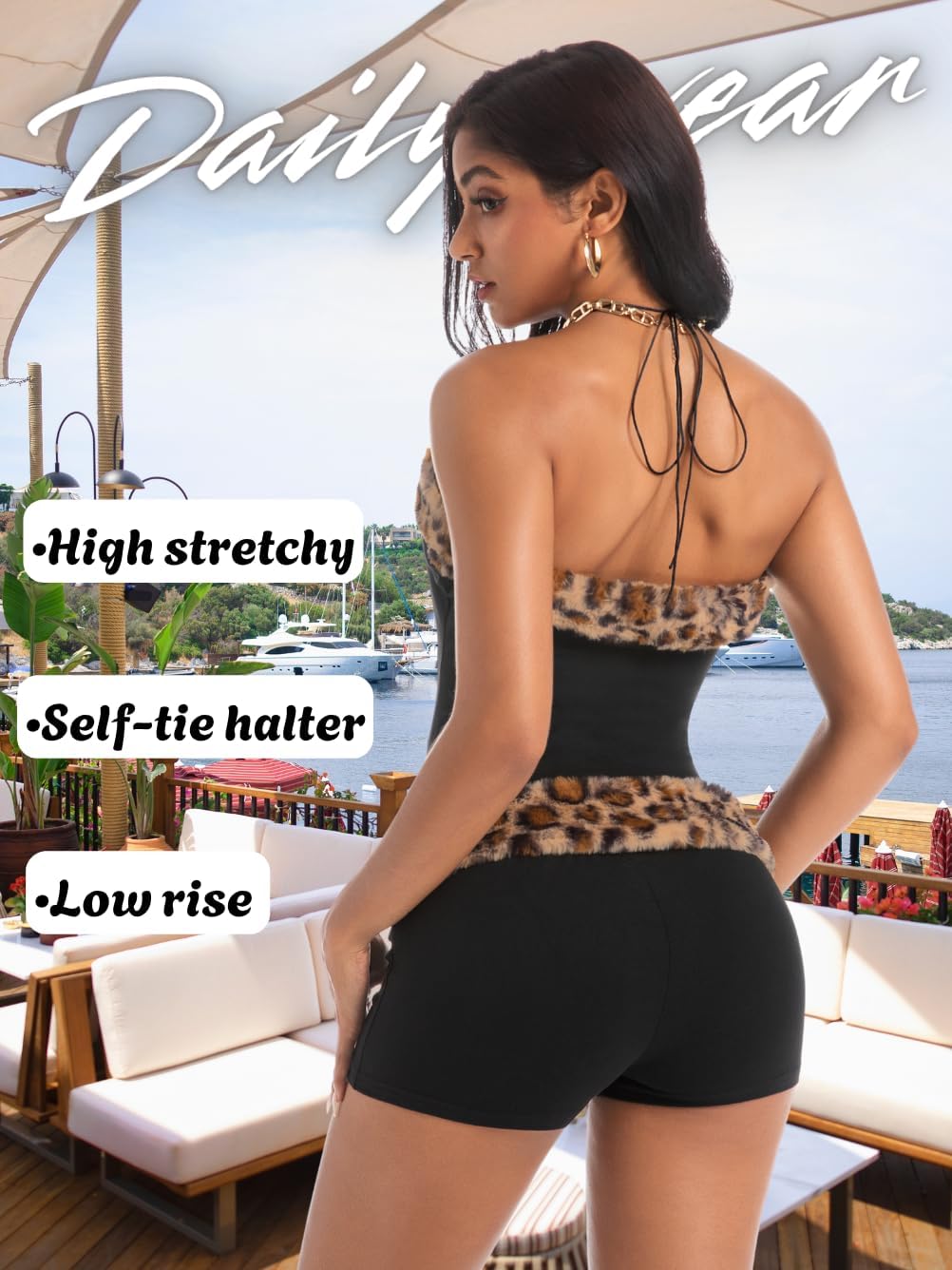 Women 2000s Sexy 2 Piece Leopard Club Outfits, Sweetheart Neck Halter Crop Top, Low Rise Micro Shorts Going Out Rave - Image 3