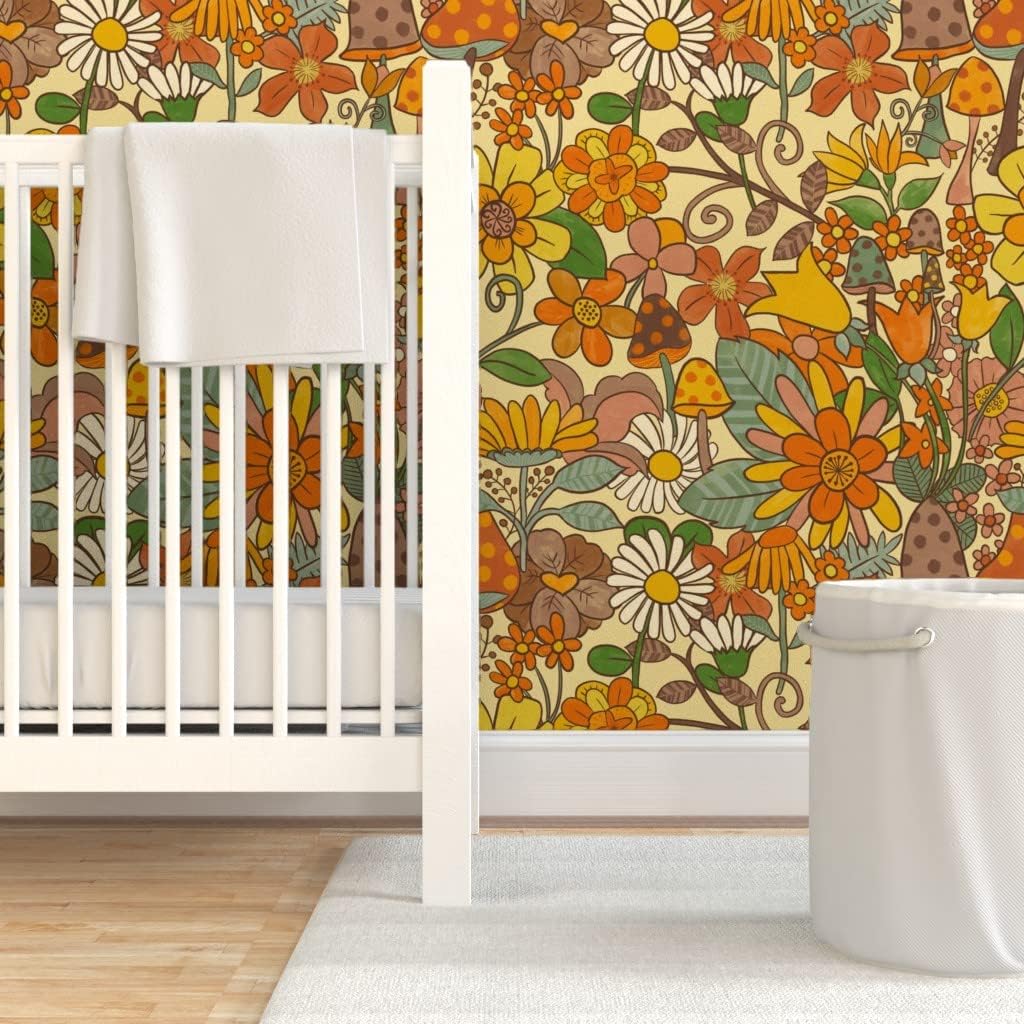 Spoonflower Removable Wallpaper 6ft x 2ft - Flowers Vintage Mushrooms Groovy Flower Power Earth Tones Custom Pre-Pasted Wallpaper