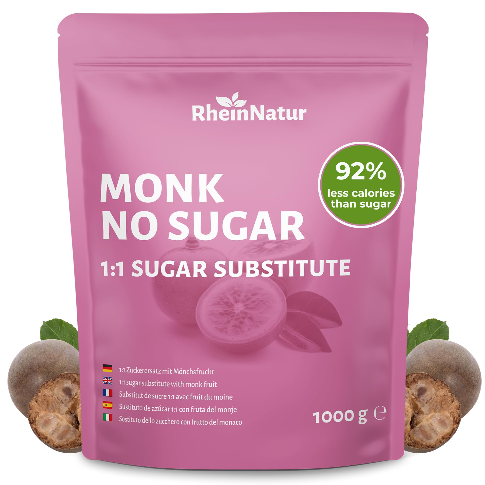 RheinNatur Mönchsfrucht Zuckerersatz 1 kg - 1:1 Ersatz für Zucker aus Mönchsfrucht & Erythrit - Vegan - 1000 g Beutel