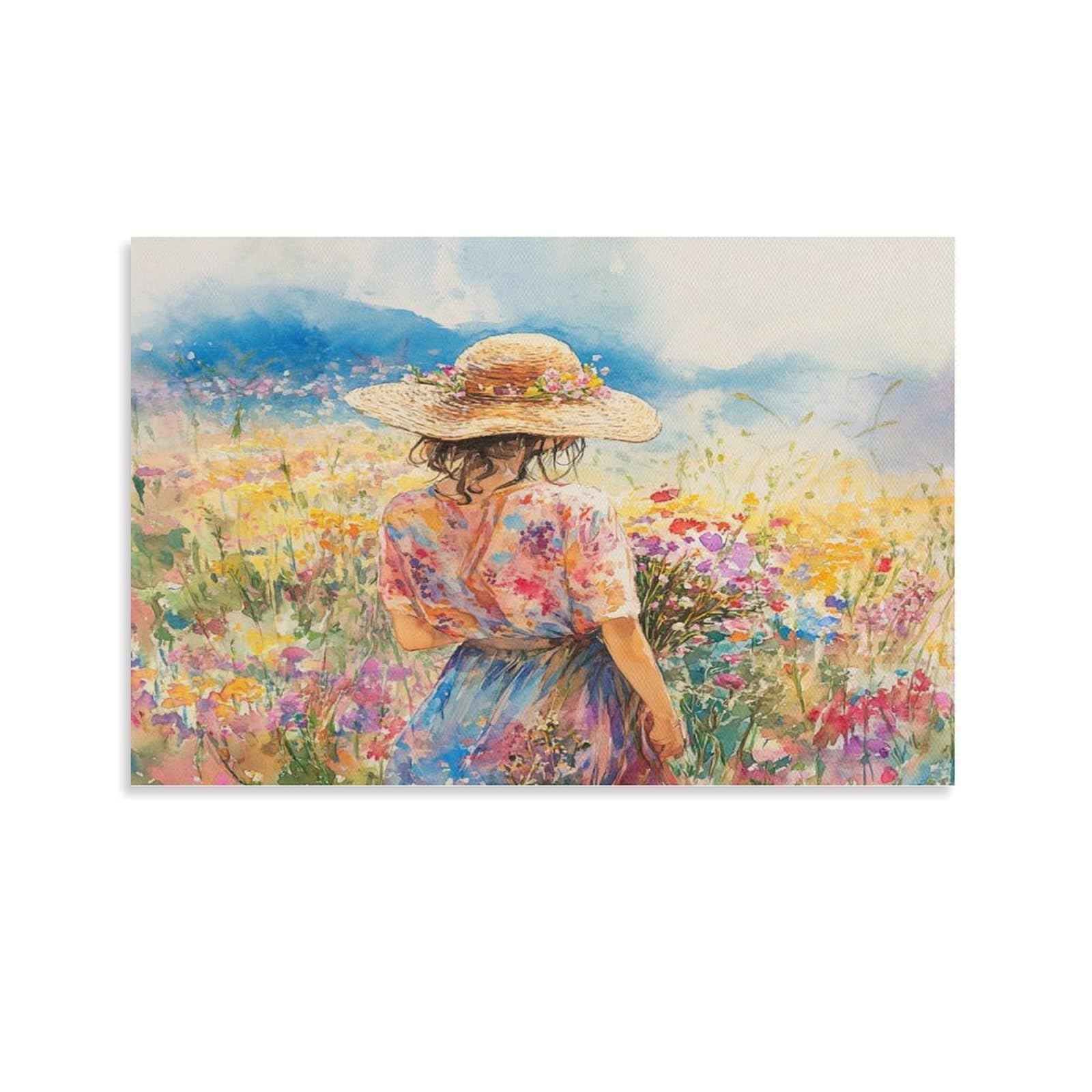 CPLVKWRQJ Woman in Field Individual Watercolor Floral Scene Wall Art Pieces - Office Canvas Print Fade Resistant Wall Focal Art Ready to Hang 12x18inch(30x45cm)
