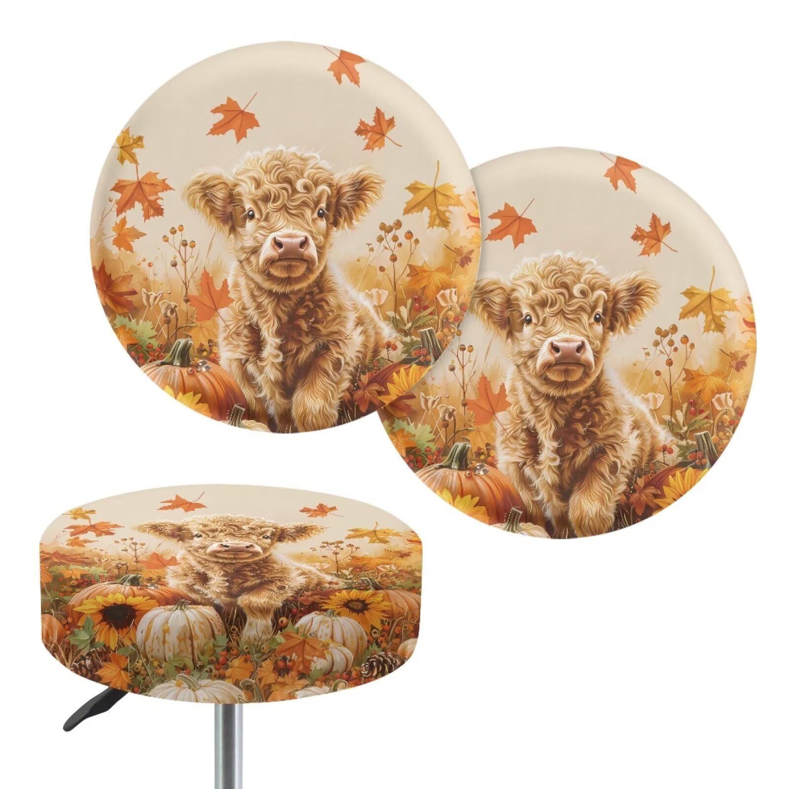 Wanyint Highland Cow Maple Leaf Stool Covers Round Elastic 12"-14" Round Bar Stool Seat Cover Protector Breathable Saddle Stool Slipcover for Autumn Decor, 2 Count — image 1