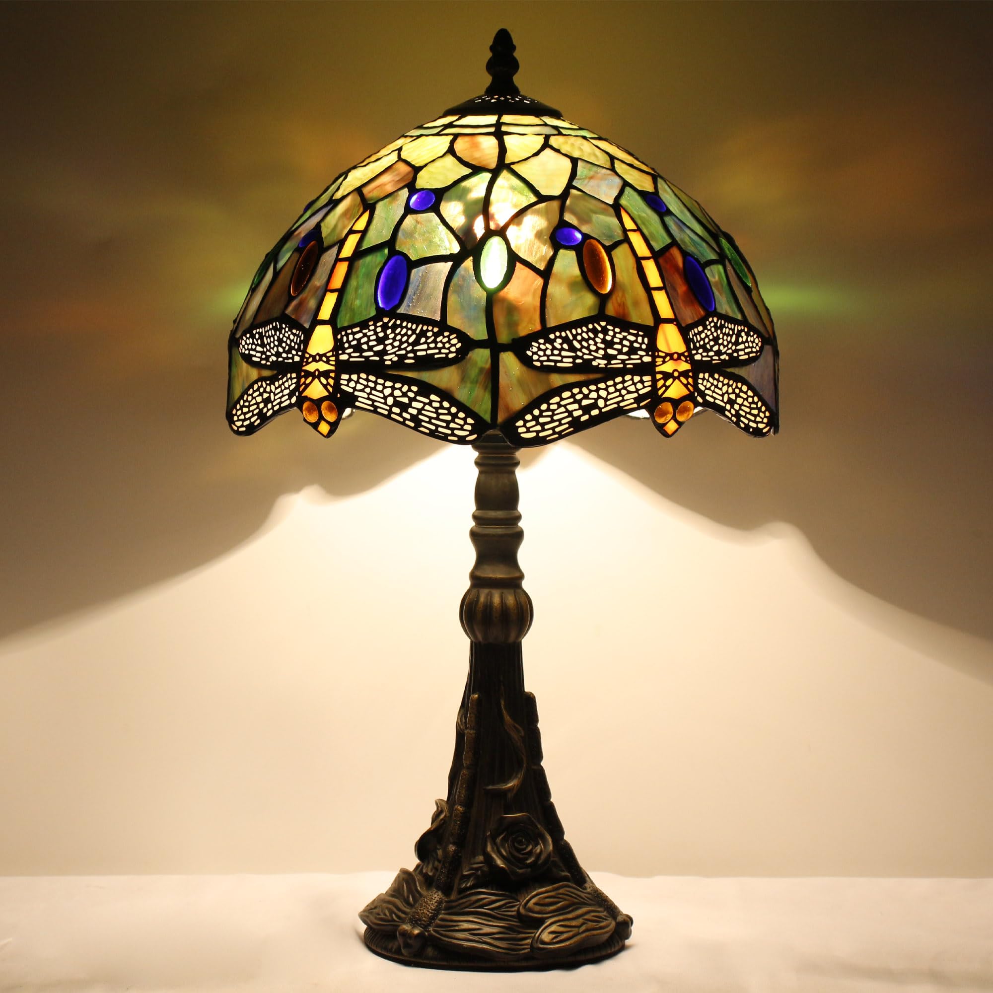 ZJART Tiffany Table Lamp Stained Glass 12X12X19 Inch Amber Yellow Dragonfly
