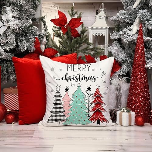 Miniatura 5 de Juego de 4 fundas de almohada decorativas de Navidad de 20 x 20 pulgadas, diseño de Papá Noel, muñeco de nieve, copos de nieve, bolas de Feliz