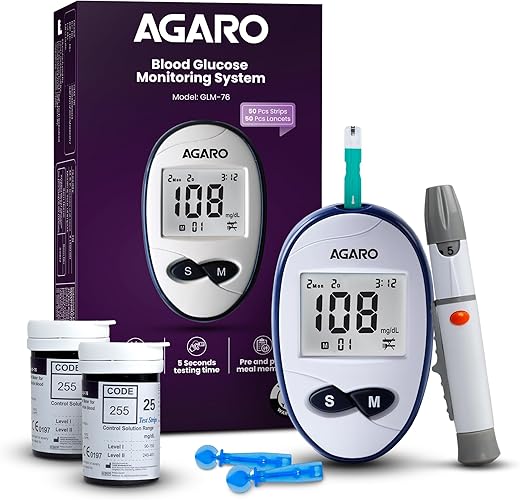 AGARO Glucometer, Blood Glucose Monitoring System with 50pcs Strips & Lancets, Glucometer Machine, Instant Blood Sugar Test at Home, Fast Blood Sugar Testing Device, Simple &…
