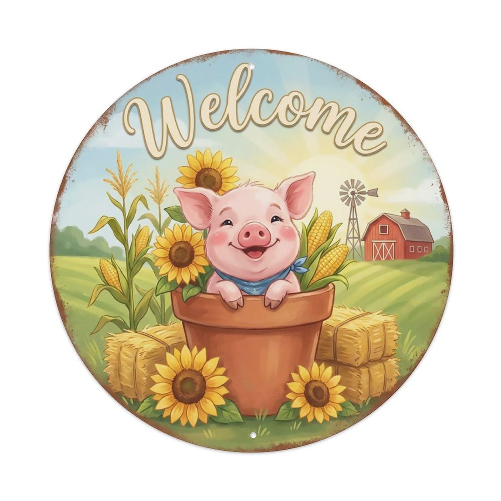 Welcome Piglet Sunflower Farm Metal Tin Sign