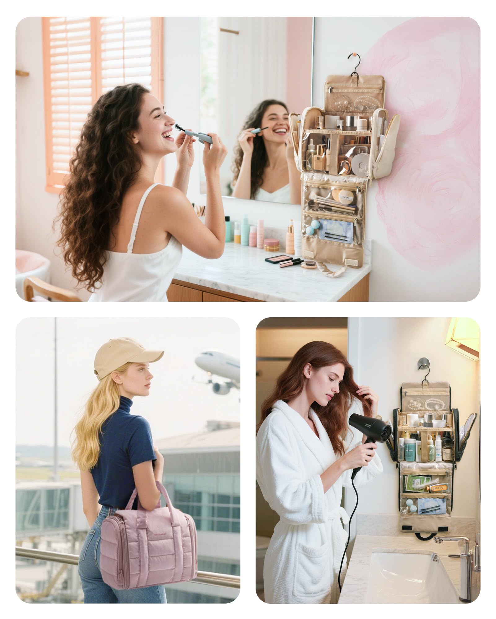 BAGSMART Trousse de maquillage de voyage gonflée, organiseur de toilette portable à suspendre avec séparation amovible, organiseur pour shampooing, après-shampooing, brosses, accessoires de maquillage