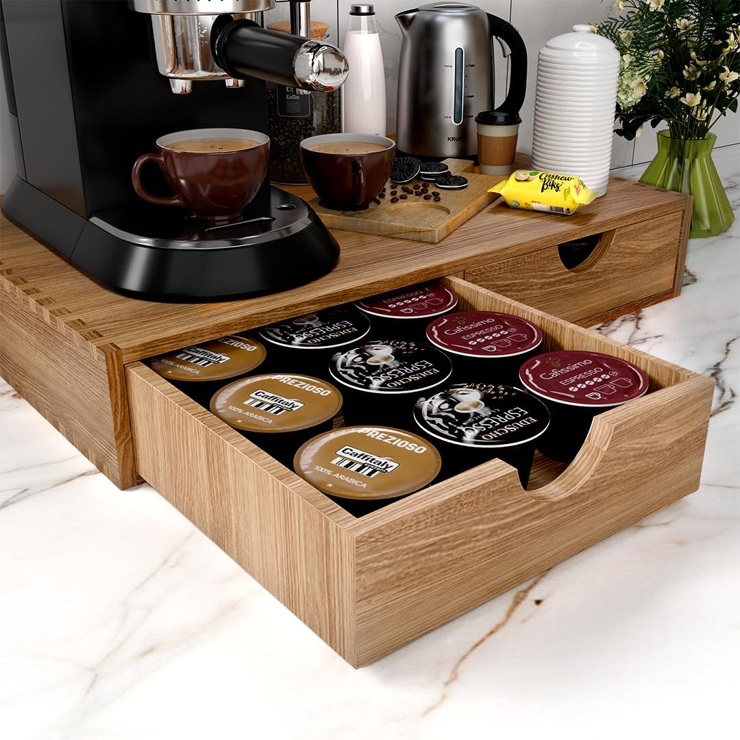 Wooden K Cup Organizer Coffee Pod Storage Box, K Cup Holder, Coffee Pods and Tea Organizer, K pod Drawer, Kcup Organizer For Countertop, Kcup Drawer Organzier Under Brewer, 30 Pods Capacity