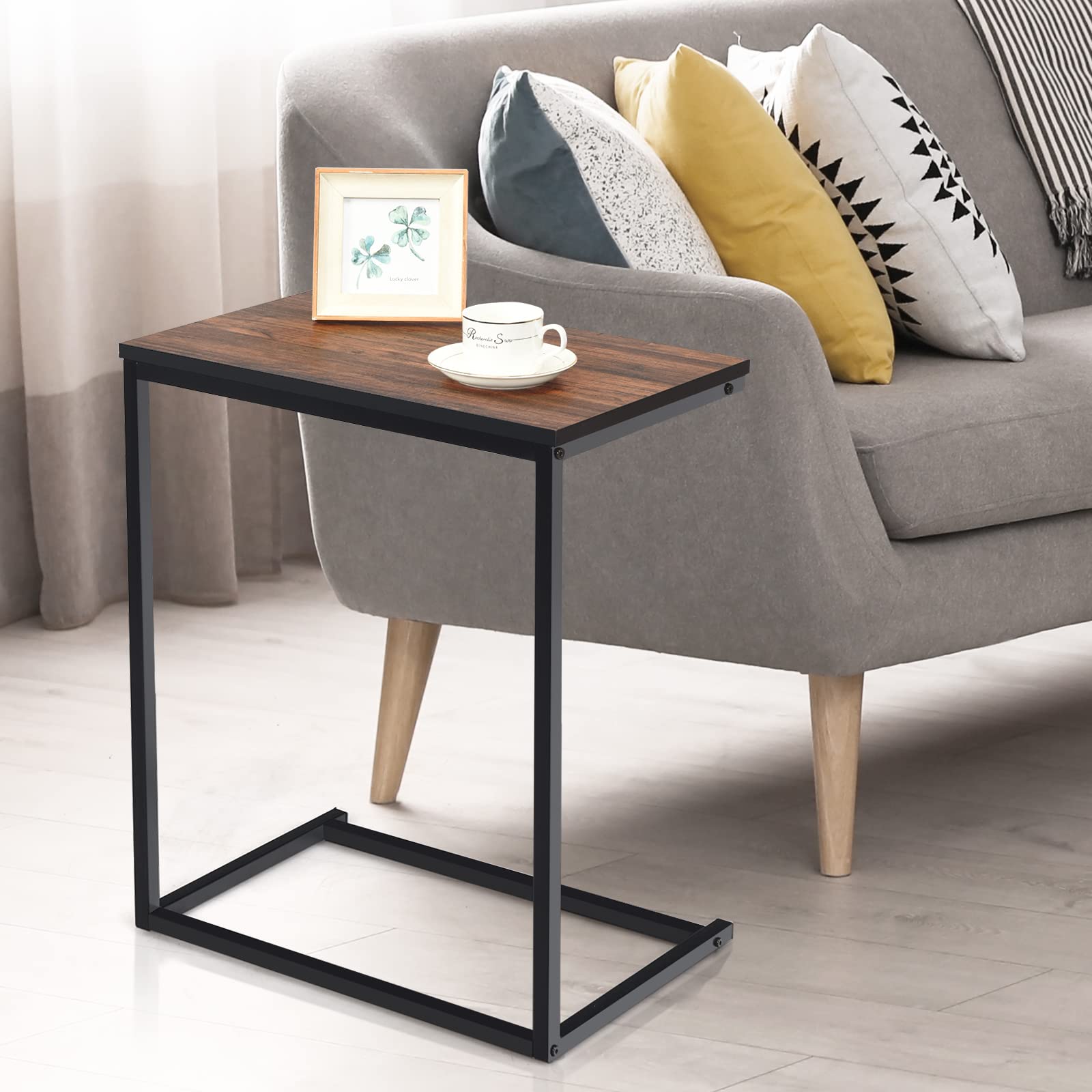 GIANTEX Tavolino a Forma di C, Tavolino Salvaspazio, Struttura in Legno e Ferro, Industriale, Ideale per Soggiorno, Camera da Letto, Ufficio, 55x35x65 cm, 2 Colori Disponibili
