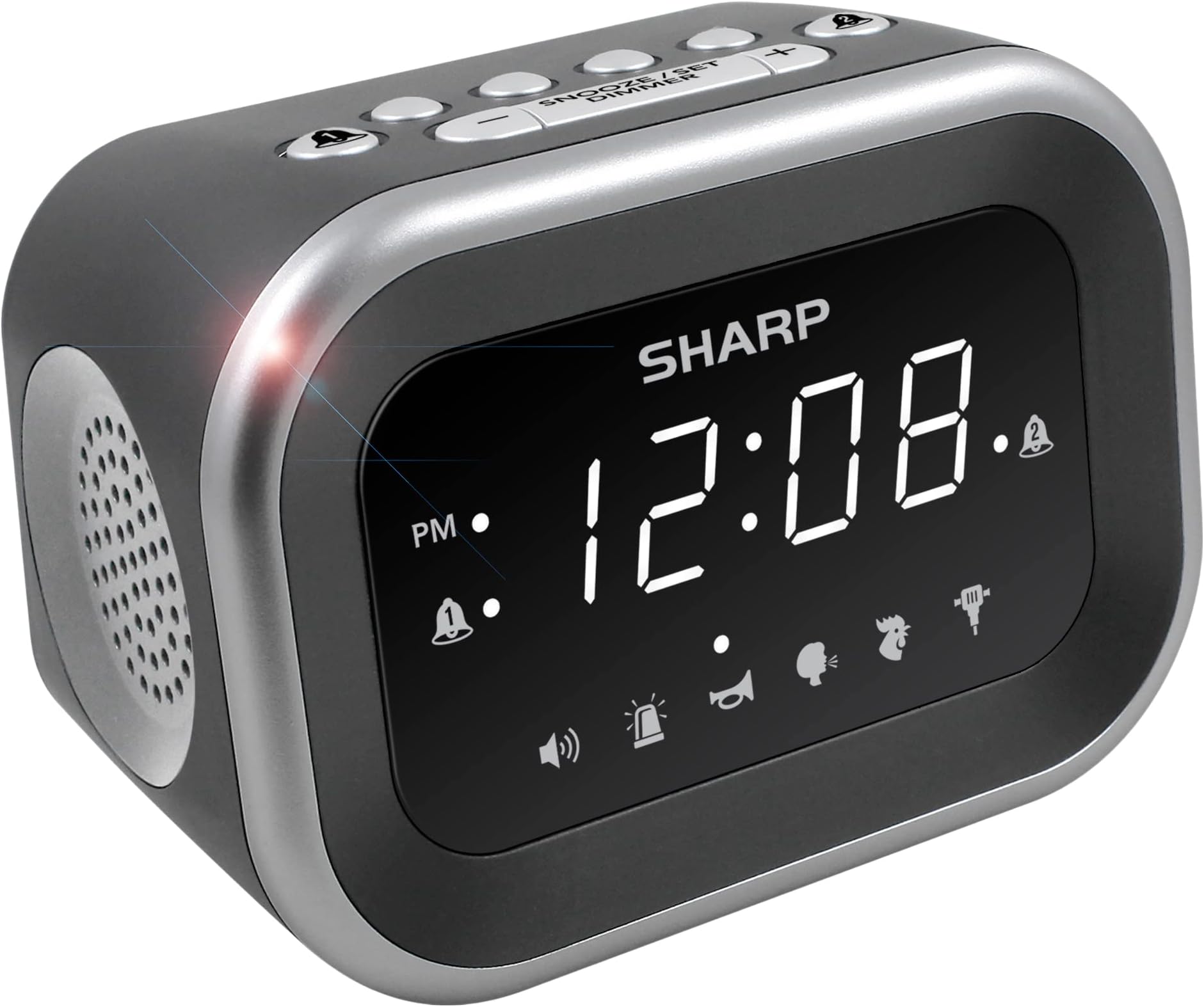 - Big Bang Super Loud Alarm Clock for Heavy Sleepers, 6 Extremely Loud Wake Up Sounds: Rooster, Bugle, Nagging Mom, Jackhammer, Siren, Beep– Up to 115db Volume, Silver/Black with White LED Display