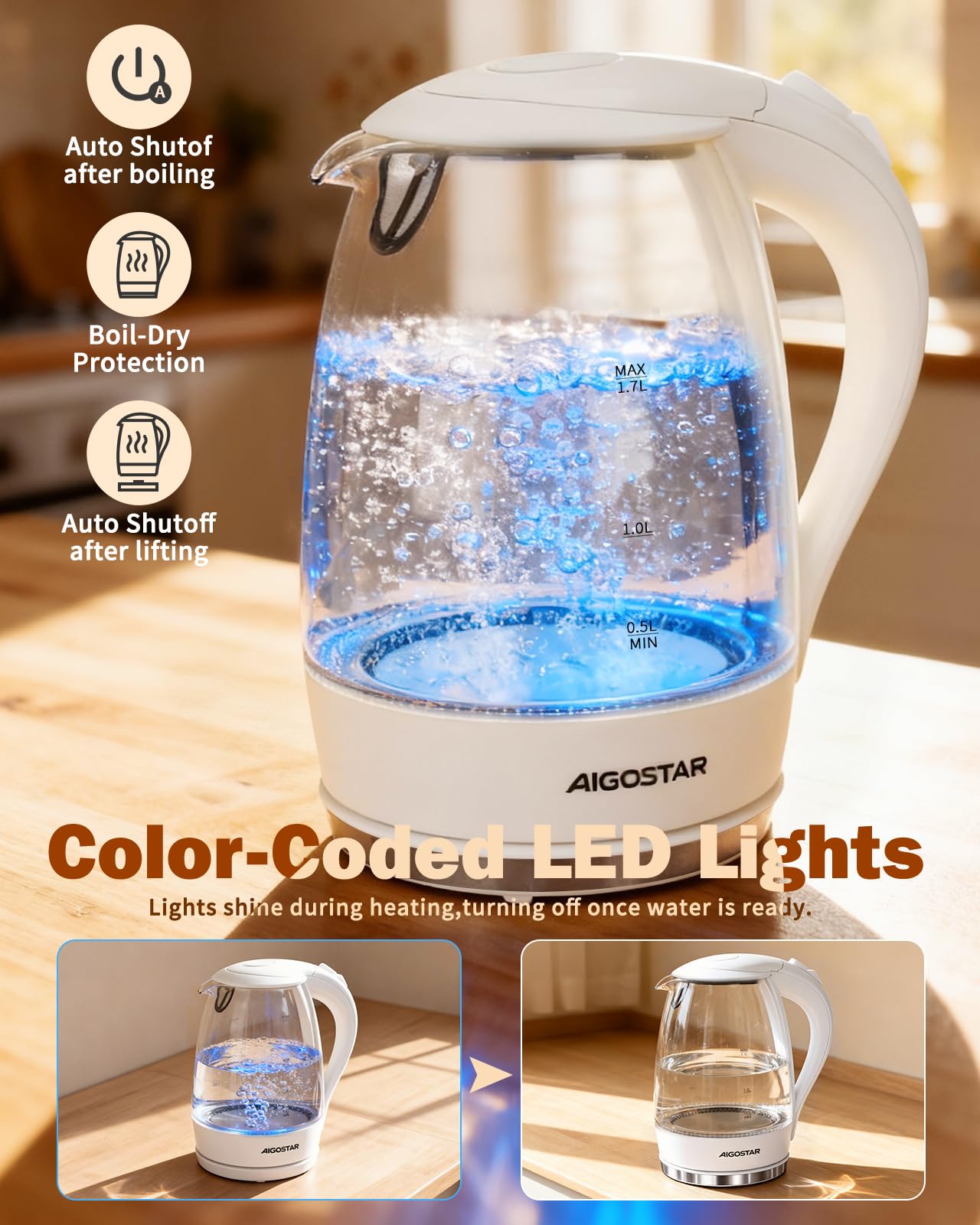 Aigostar Eve 30GON- Szklany czajnik z podświetleniem LED, 2200W, 1.7 L. Zabezpieczenie przed przegrzaniem, BPA Free, Biały ekskluzywny projekt