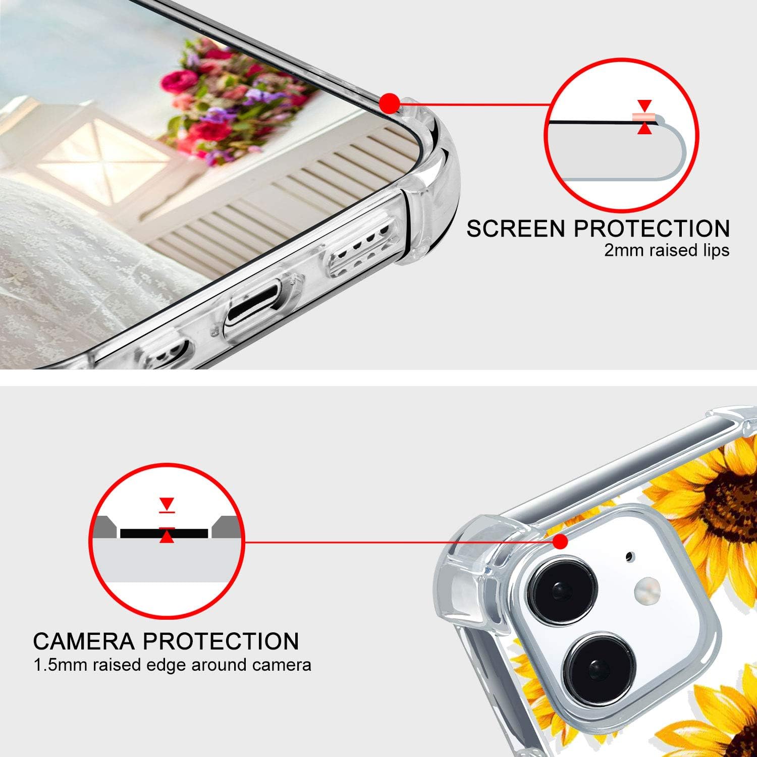 hepix Floral Case Compatible with iPhone 12 Mini 5.4 inch 2020, Sunflowers Yellow Flower Design Case for Women, Soft Clear TPU Cute Stylish Slim Raised Lips Anti-Scratch Shockproof Protective Case