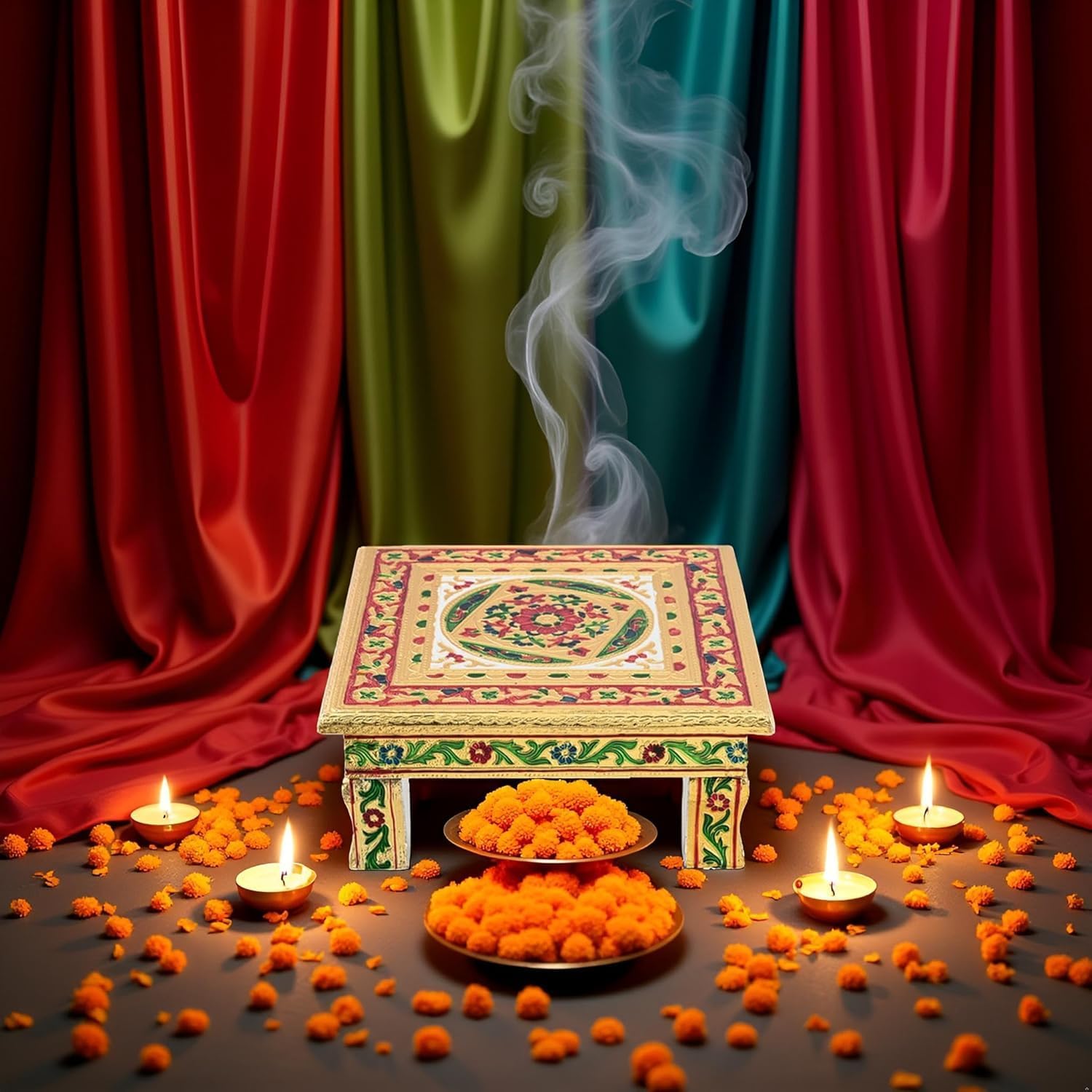 Wooden Pooja Chowki for Home Temple – Hand-Painted Meenakari Bajot Stool, Traditional Mandir Platform for Pooja, Festivals & Home Decor (15x15 Inch).