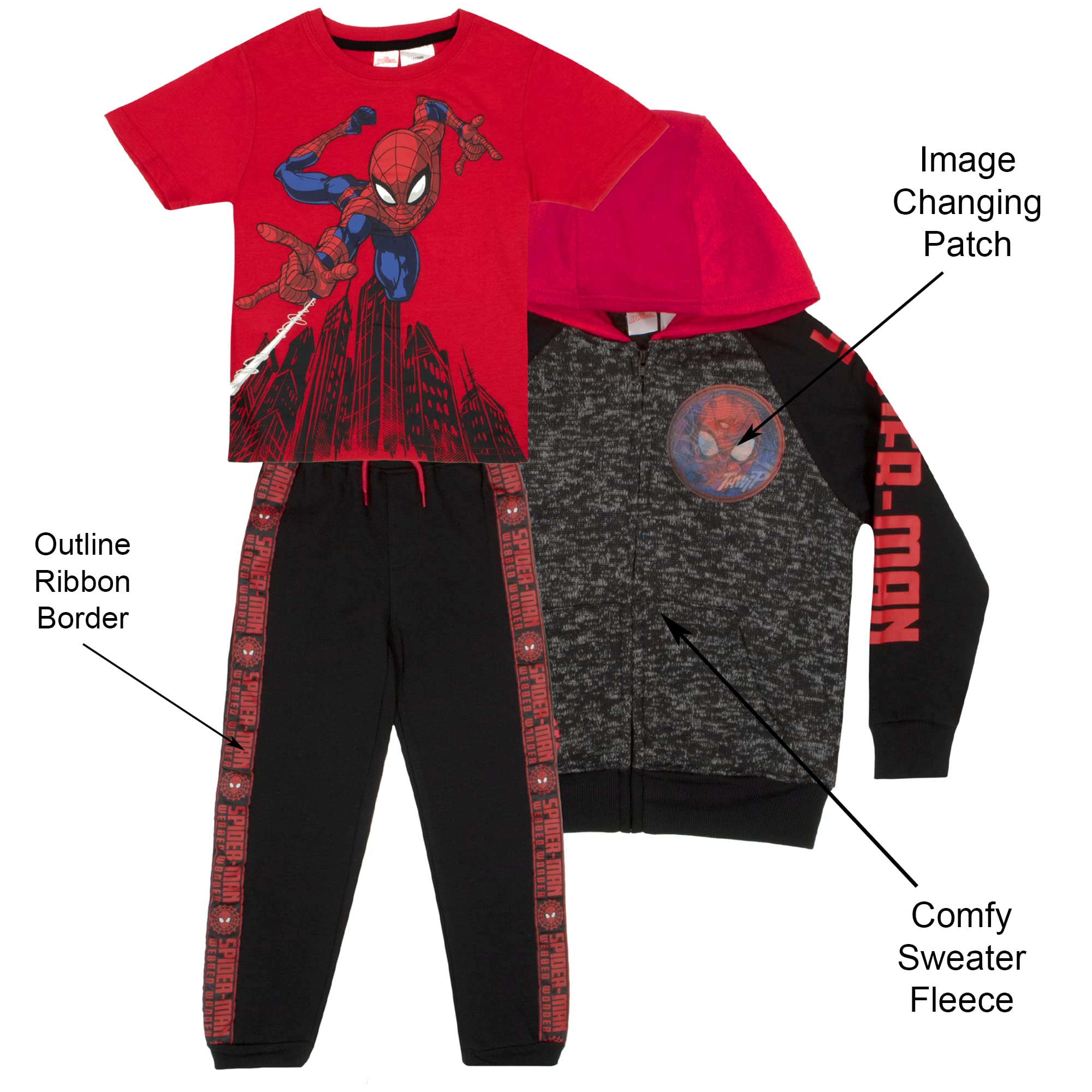 Marvel Spiderman Jungen 3-teiliges Fleece-Hosen-Set, Spider-Man Kapuzenpullover, T-Shirt und Hose, 3er-Pack